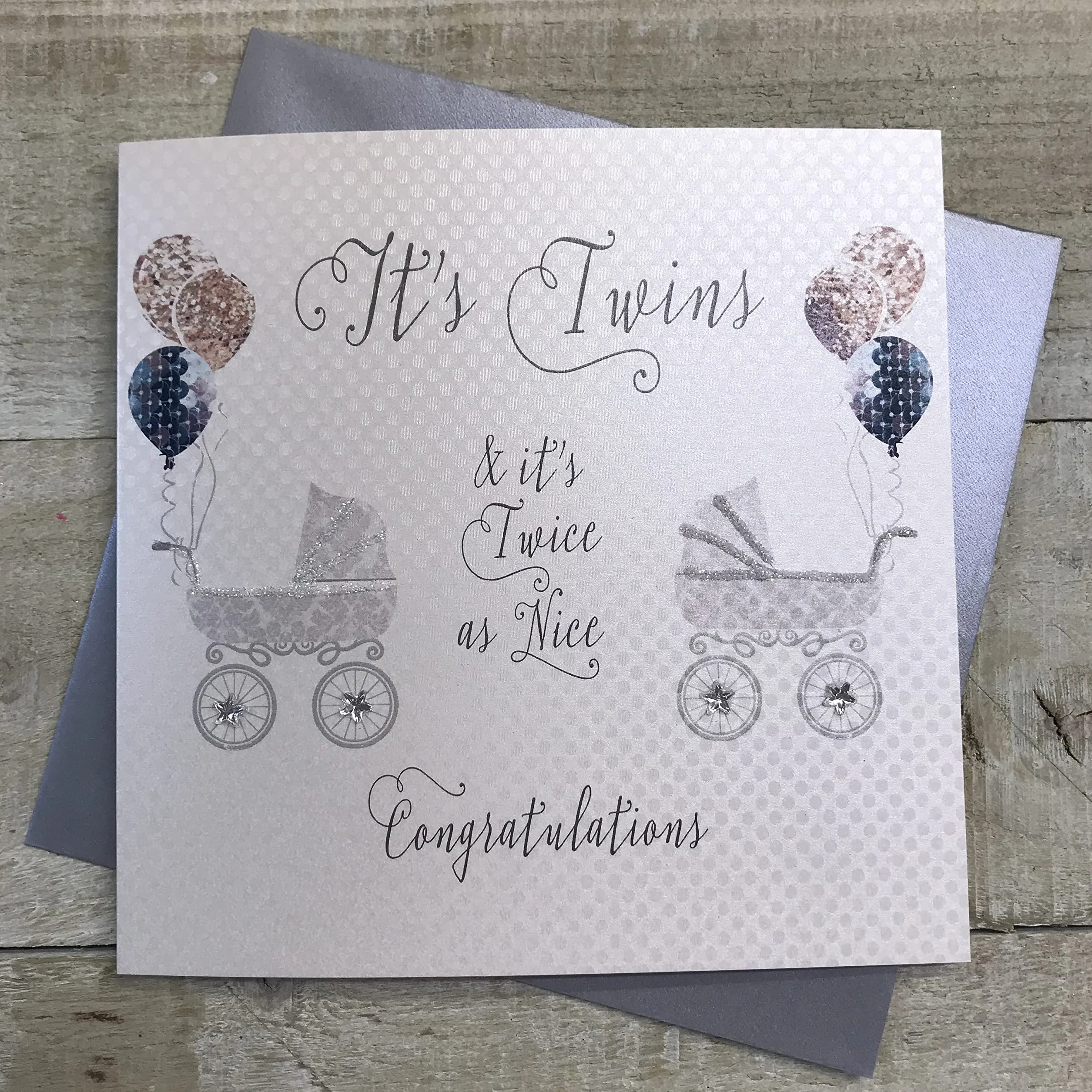White Cotton Cards - Biglietto d'auguri per neonati gemelli, con passeggini, color argento
