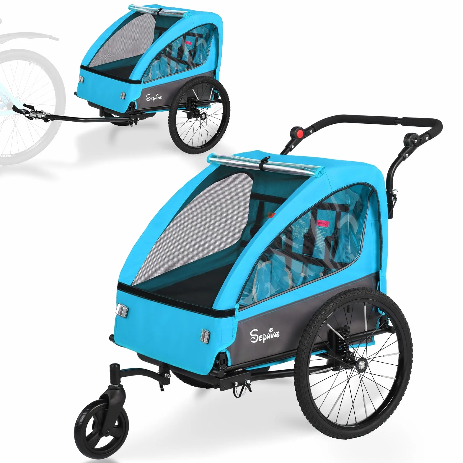 SEPNINE Rimorchio e passeggino 2 in 1 con sospensioni, rimorchio per bicicletta per 1 – 2 bambini, funzione jogger, pieghevole, spazioso bagagliaio