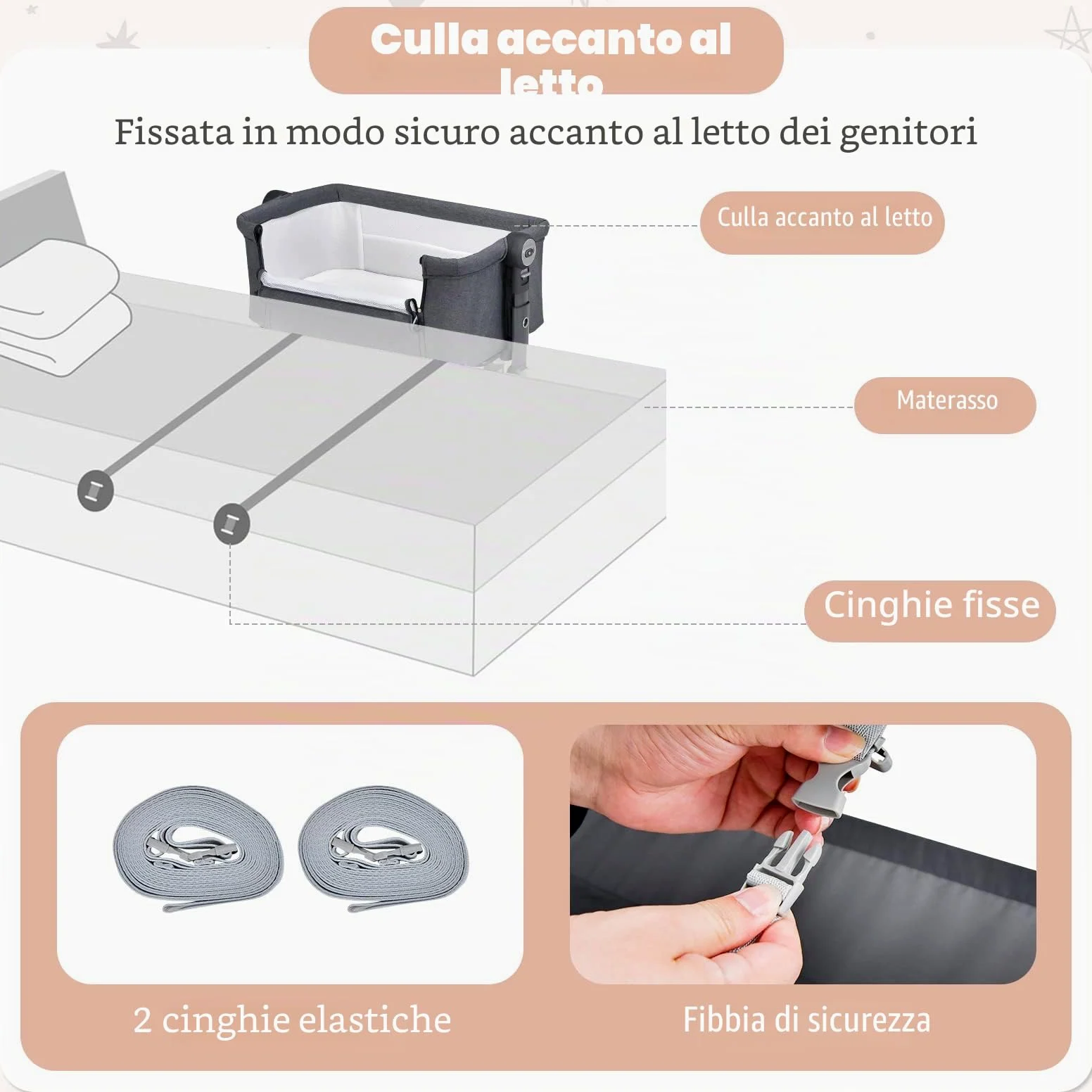 RELAX4LIFE Culla Neonato Fianco Letto, con Materasso, Zanzariera Cinghia Fissaggio, Regolabile In Altezza 7 Posizioni, Borsa di Trasporto, per Bambini 0-6 Mesi fino a 9kg (Grigio1)