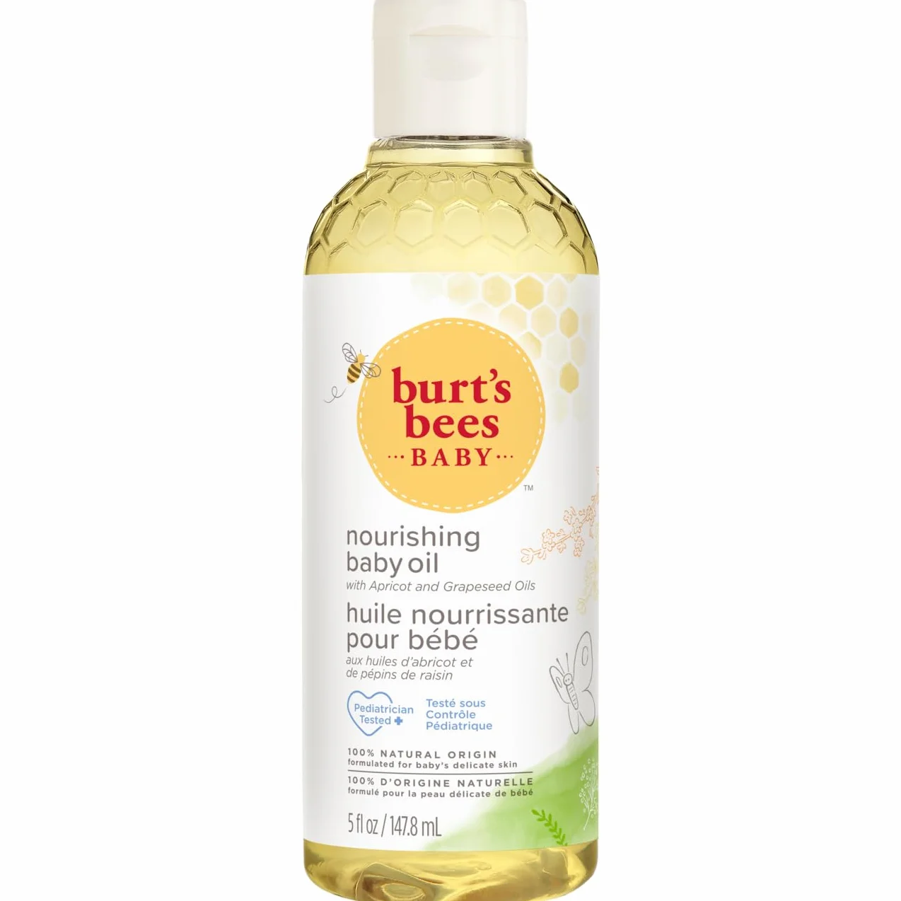 Burt's Bees Baby Oil, nutriente idratante per bambini con olio di albicocca, testato pediatra, 147,8 ml