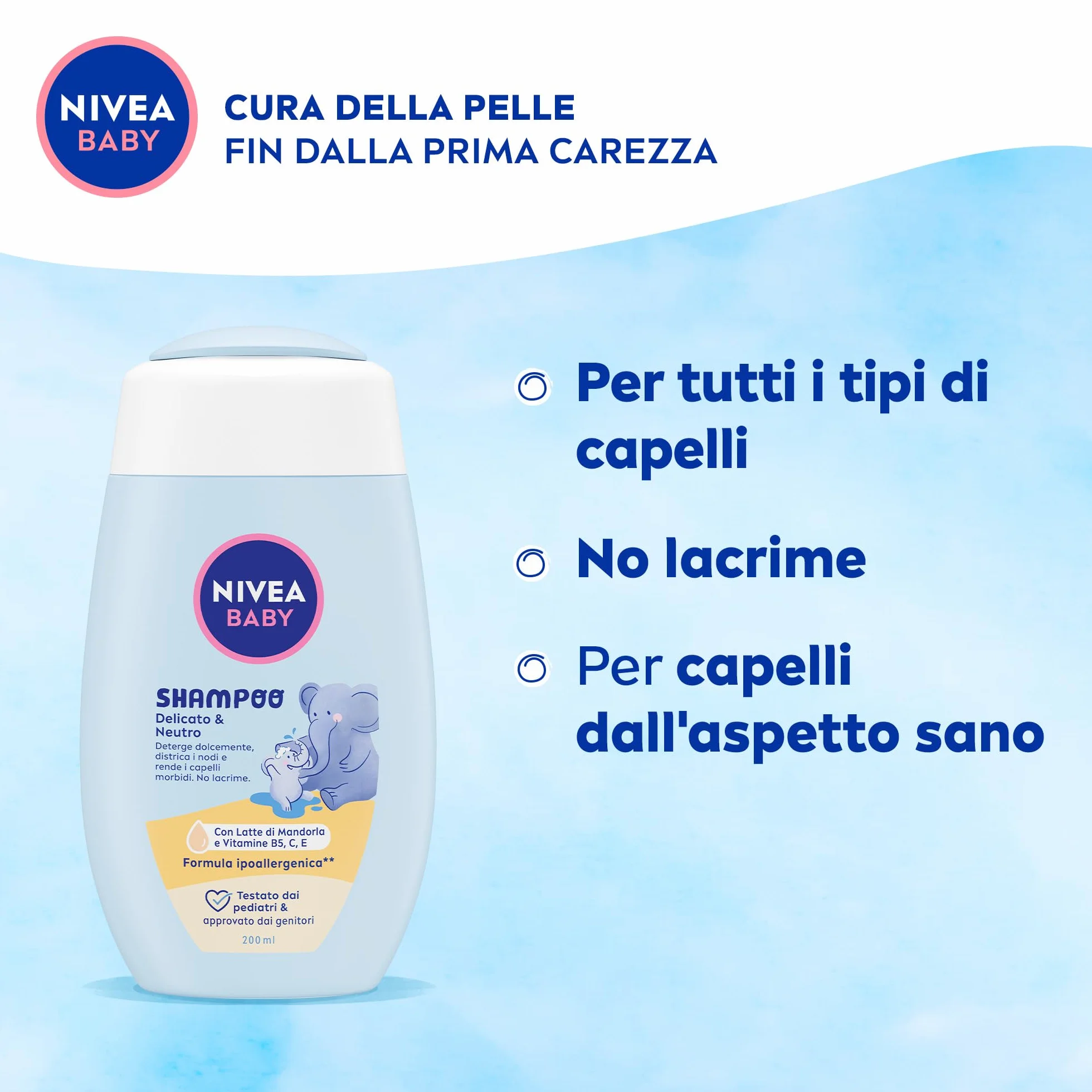 NIVEA BABY Shampoo Delicato & Neutro 200ml, Shampoo bambini per una detersione delicata, Formula per neonati con protezione no lacrime e senza solfati per capelli morbidi e senza nodi
