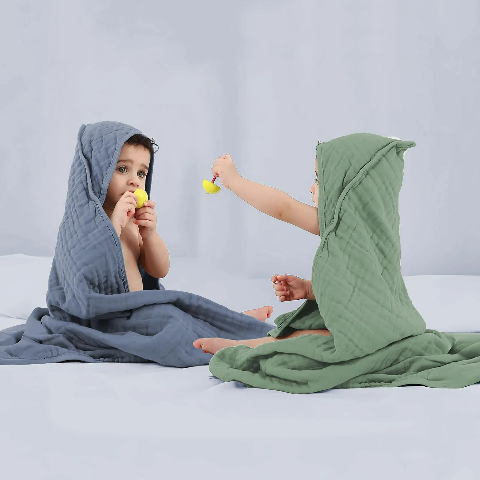 Accappatoio Neonato 0-3 Mesi E 6-12 Mesi Con 6 Asciugamano, Quadrotti Cotone E Mussole Cotone, Ideale Regalo Per Femmina E Maschio, 70x70 CM (Blu & Verde & Bianco)