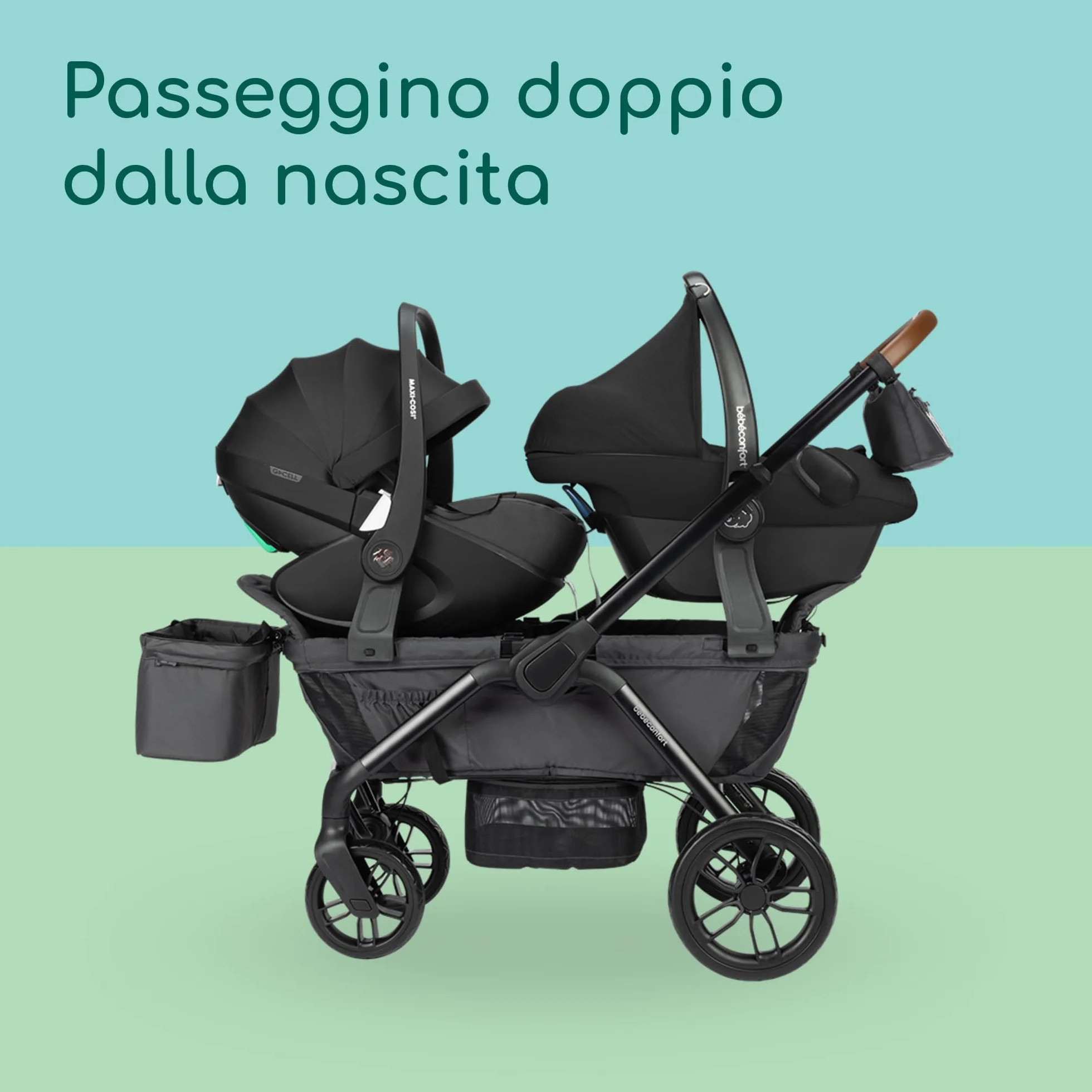 Bebeconfort Helios, Passeggino Gemellare dalla Nascita, 0-4 Anni, 0-22 kg, 2 Sedute Faccia a Faccia, Ruote Larghe All-Terrain, Compatto da Chiuso, Carretto bambini, Capottina, Mineral Graphite