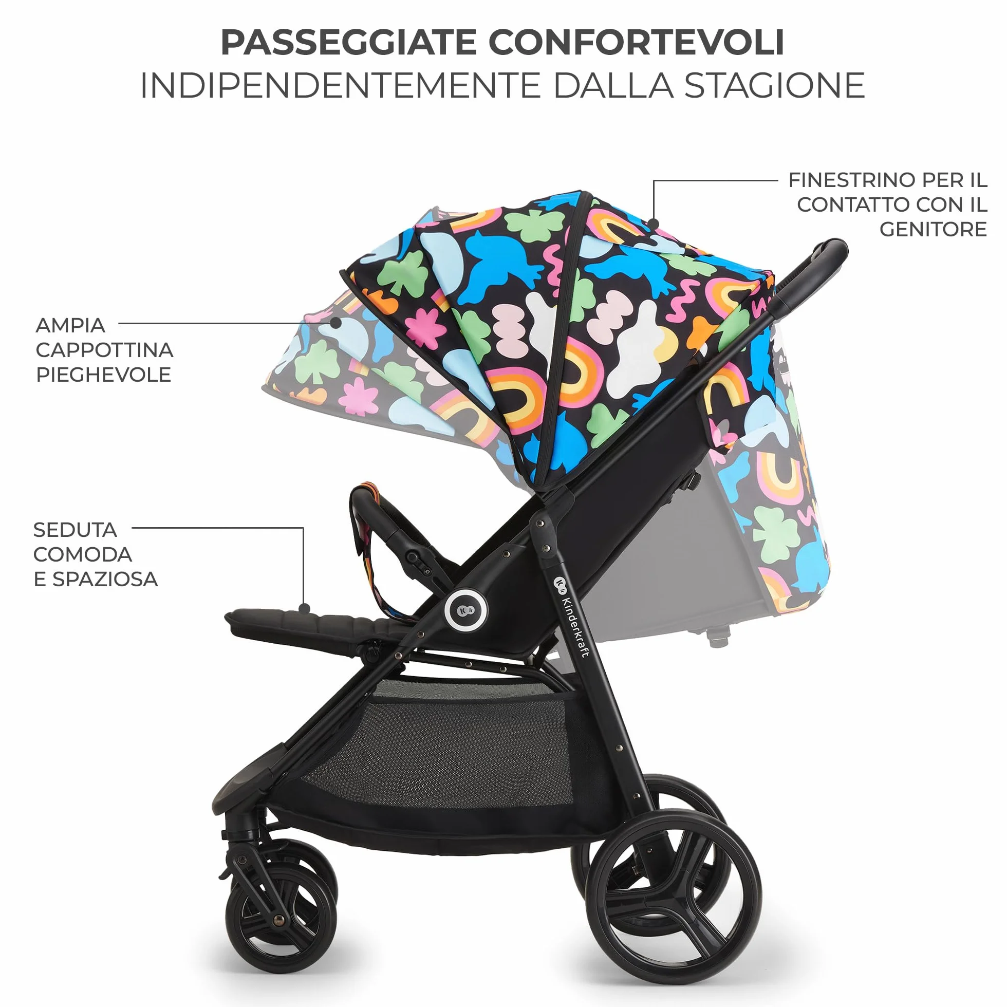 Kinderkraft GRANDE PLUS Passeggino Leggero dalla Nascita fino 22 kg, Pieghevole con una Mano, Posizione Sdraiata, L'ammortizzazione su Tutte le Ruote, Cappottina XL, Happy Shapes