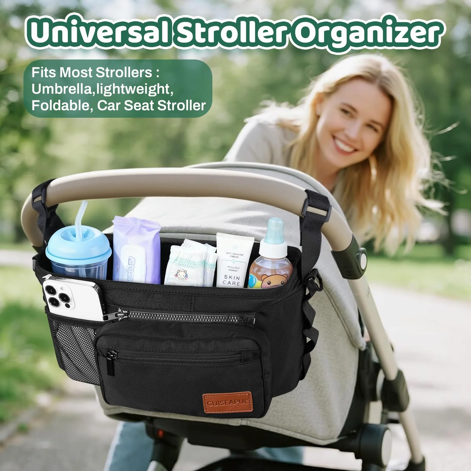 Guiseapue Organizer universale per passeggino con portabicchiere: accessori per passeggino con borsa per telefono rimovibile, adatto per Uppababy, cinghie antiscivolo, accessori per camminatori