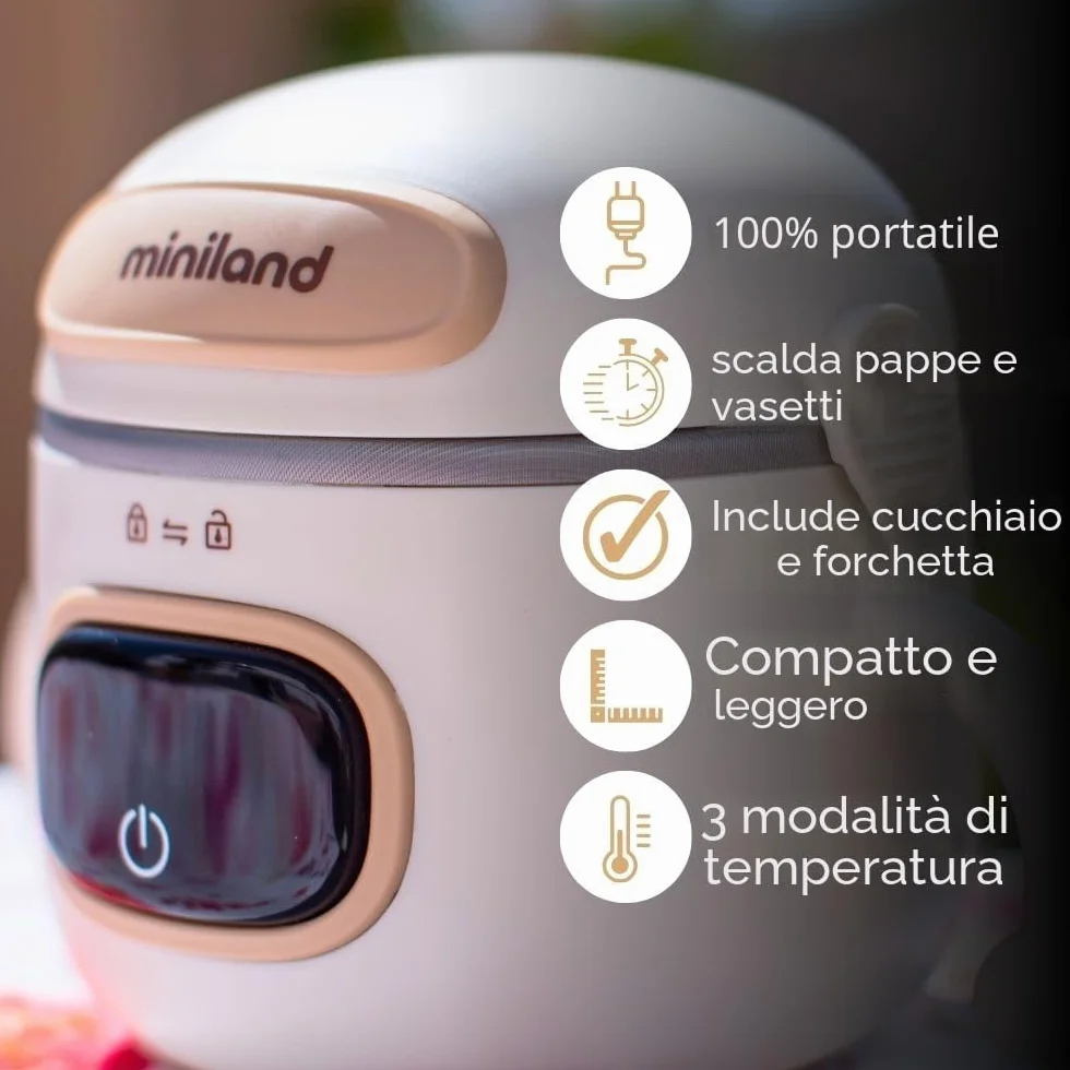 Miniland Scaldabiberon Portatile Senza Fili 7500mAh, Scalda Pappa Portatile Neonato da Viaggio e Scaldavivande a Batteria, Kit Svezzamento con Posate, Display LED, 3 Temp | Warmy Food On the Go