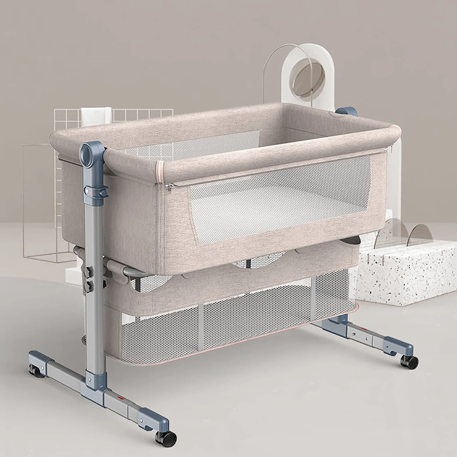QUNINE Culla da Comodino, Lettino per Bambini co-Sleeping con Materasso, lettini Laterali Staccabili Finestra in Rete Regolabile in Altezza Culle per Bambole Ruote e Borsa da Viaggio, Giallo (Giallo)