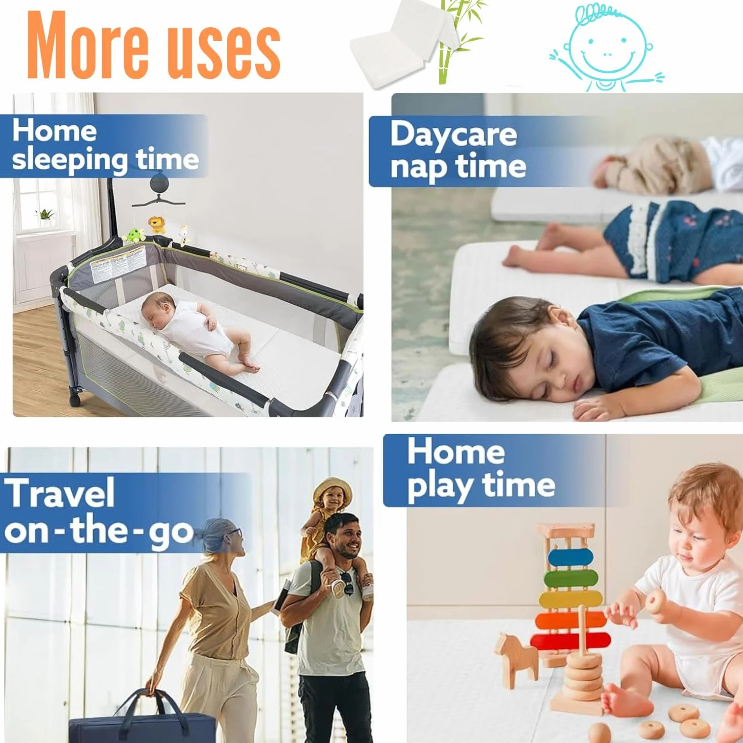Materasso per lettino da campeggio- 120x60- Materasso per lettino per bambini e neonati, pieghevole per il massimo comfort-OEKO-TEX-Per lettino da viaggio-Copertura in bambù lavabile.
