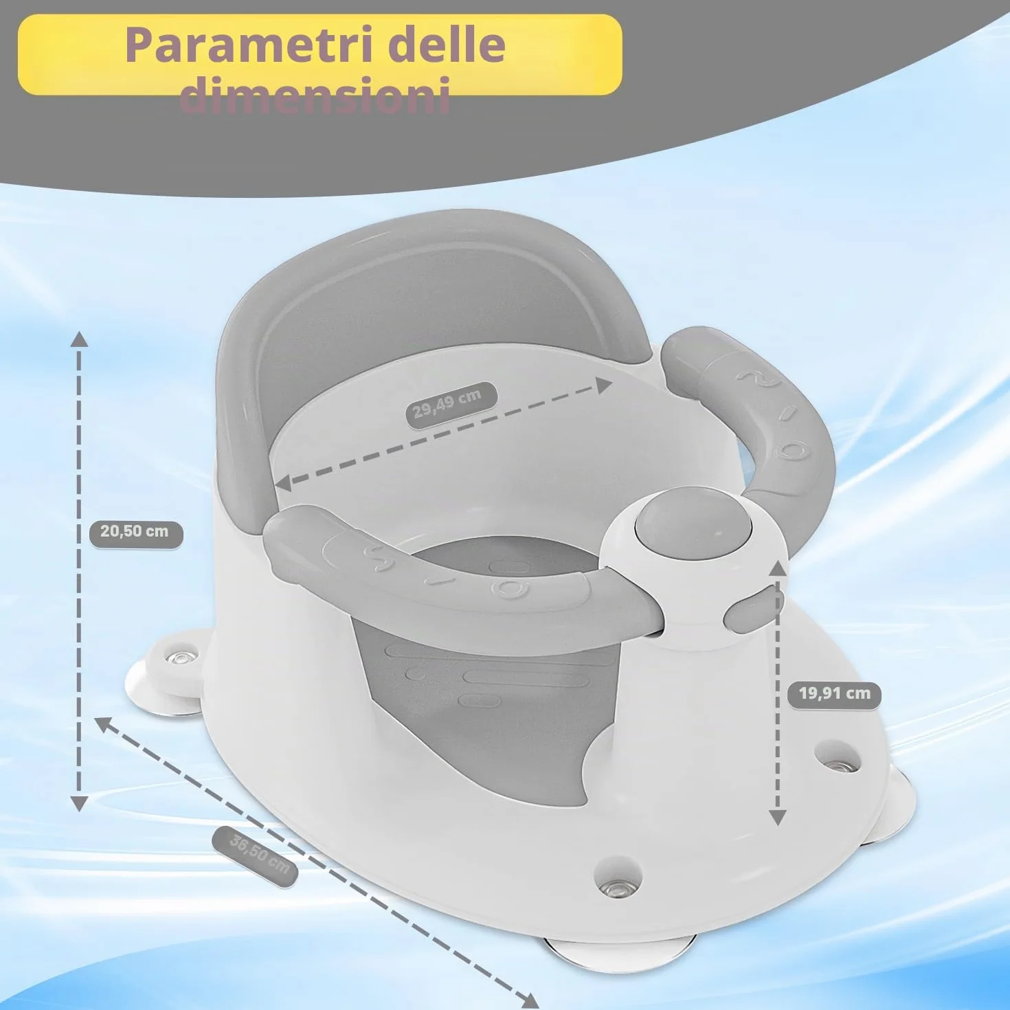 Seggiolino da Bagno Antiscivolo a Partire da 6 Mesi con 4 Potenti Ventose, Tazza e Spugna da Bagno, per Doccia o Vasca (Grigio)