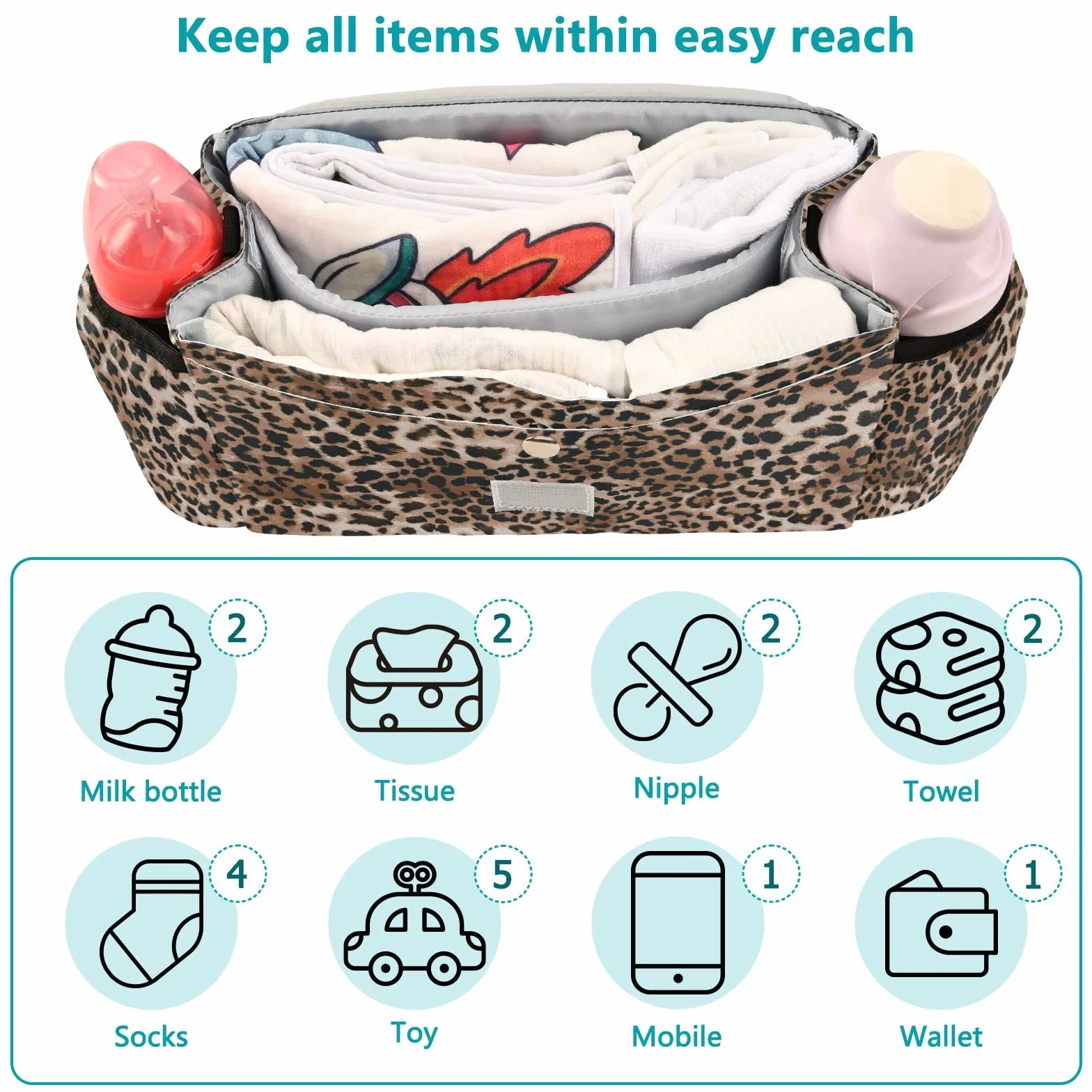 Borsa organizer per passeggino con stampa leopardata, universale, con 2 portabicchieri, cinghie regolabili e gancio per passeggino, adatta per biberon, pannolini, telefono, giocattoli
