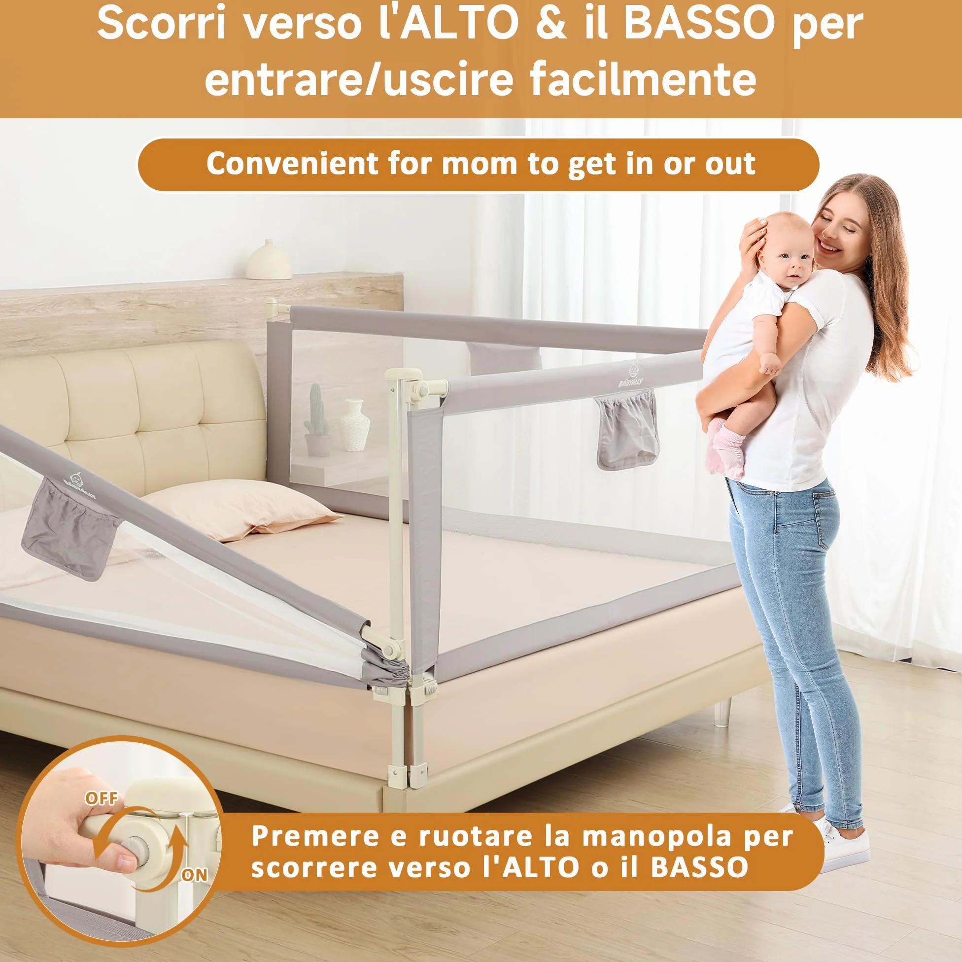 Sponda Letto Bambini 180 cm, Universale Barriera Protettiva Bambini Barriera Letto - Installazione Rapida in 3-5 Minuti, Grigio