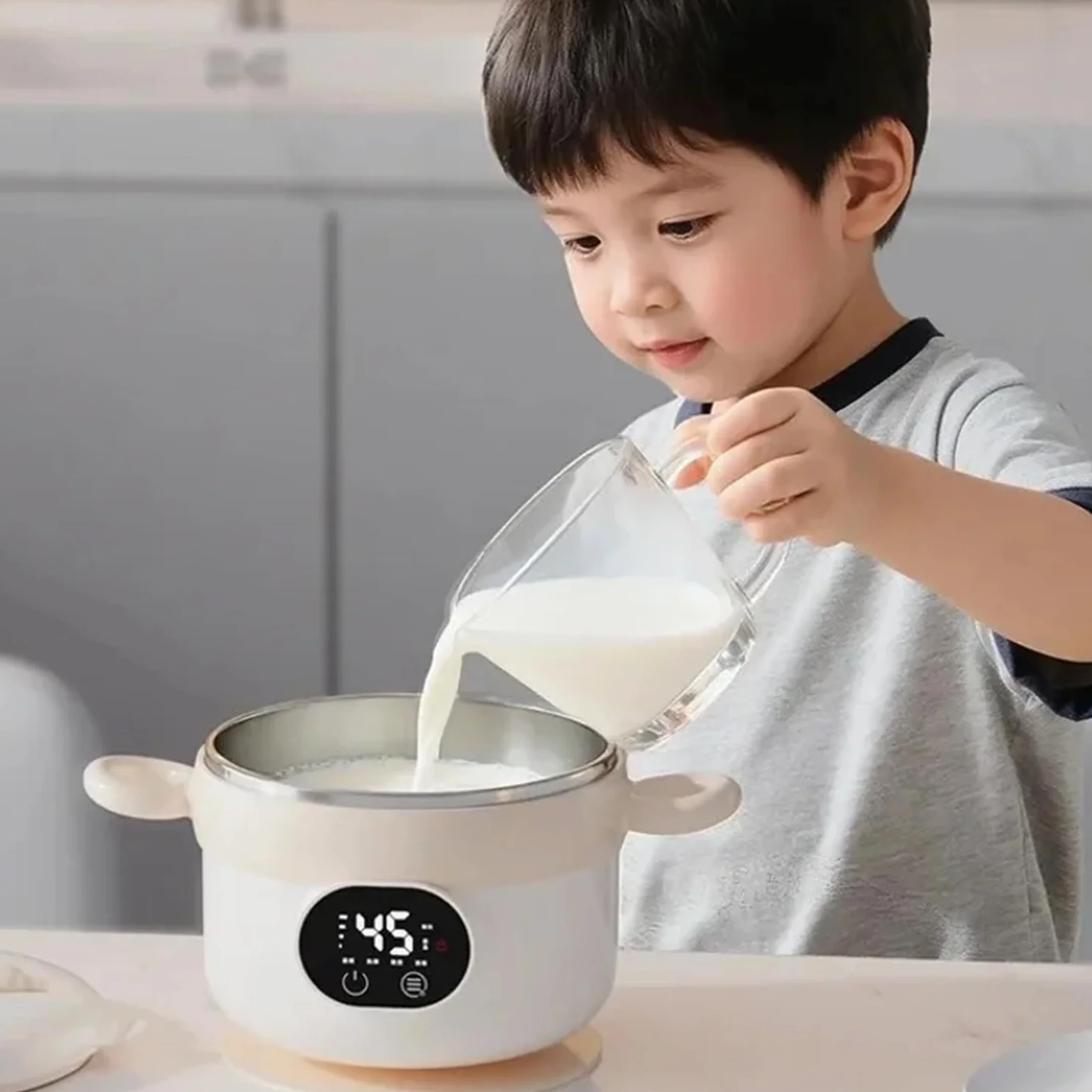 Scaldapappe intelligente ricaricabile con rivestimento in acciaio inossidabile, ciotole portatili a 3 temperature con cucchiaio, cannuccia e forchetta per la casa e l'esterno, Beige
