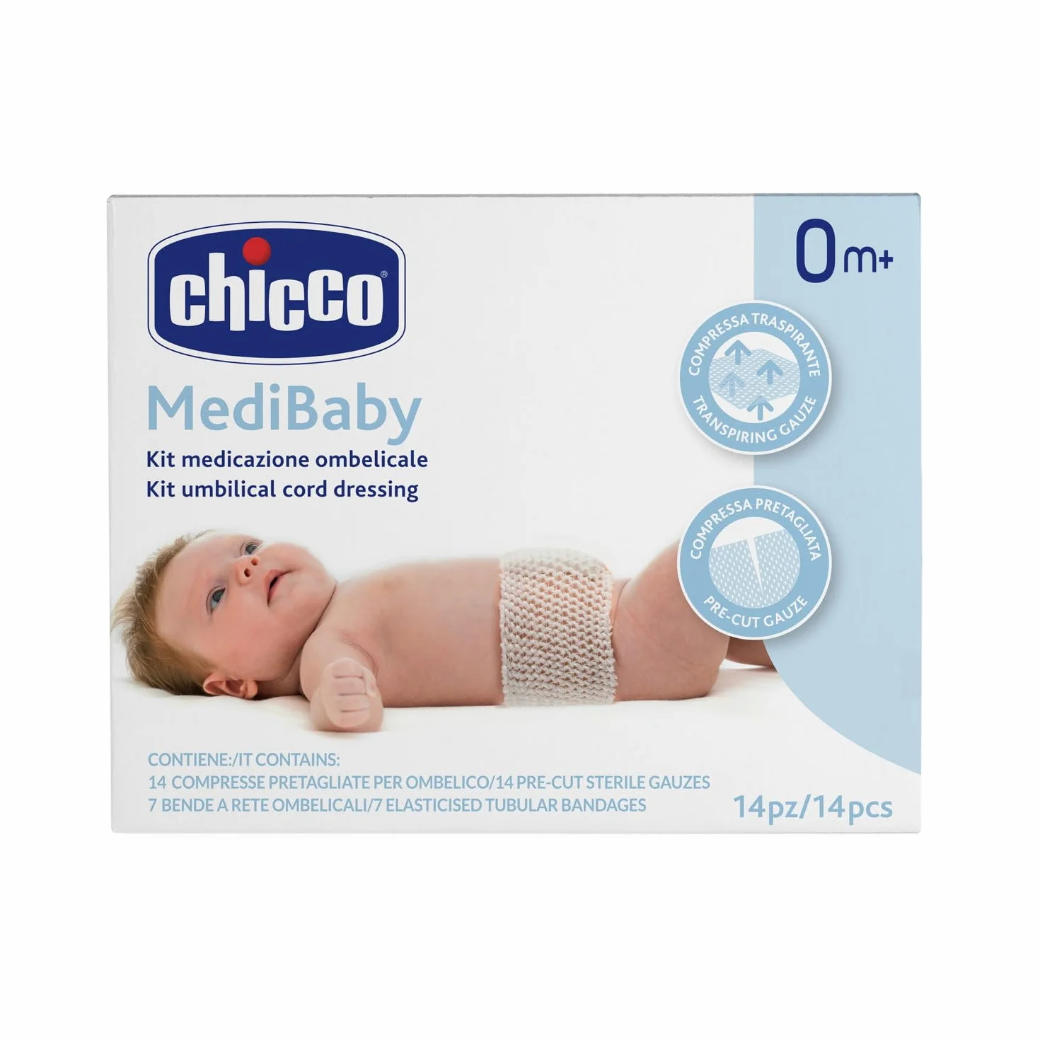 Chicco Kit Medicazione Ombelicale, Set 14 Compresse Pretagliate per Ombelico e 7 Bende a Rete, Permette di Fissare e Rimuovere la Medicazione con Facilità, Compressa Traspirante, Set 21 Pezzi, 0+ Mesi