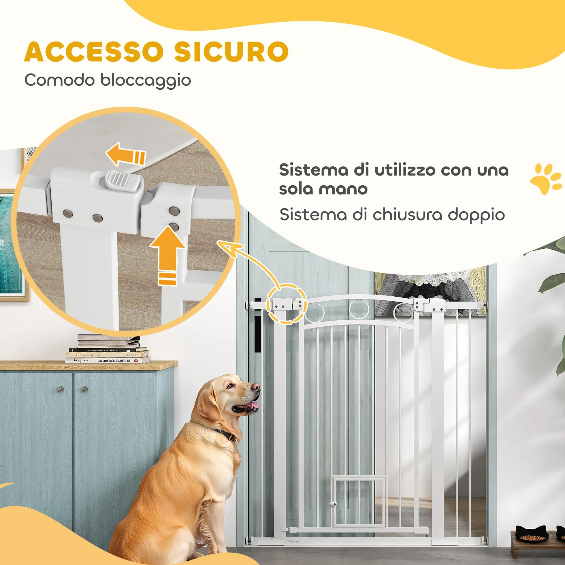 PawHut Cancelletto per Cani da Interno, Cancelletto di Sicurezza con 2 Estensioni 76-104 cm e Porta per Gatti, Cancello per Cani Animali Domestici Alto 106 cm per Corridoio e Scale, Bianco