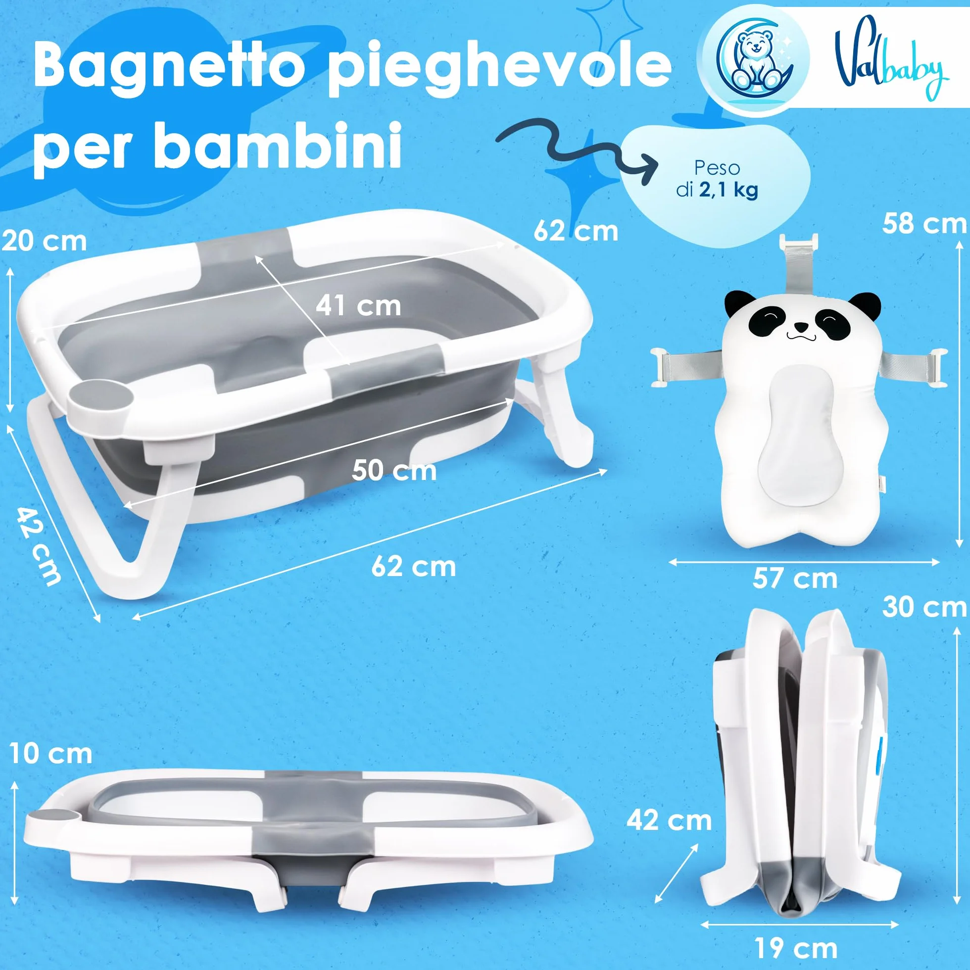 Vaschetta Bagnetto Neonato Pieghevole 0-3 Anni con Cuscino Antiscivolo Ergonomico - Vasca da Bagno Neonati Portatile e Compatta Facile da Pulire Bambini 0-3 Anni - Baby Bath Tub Sicuro | VALBABY