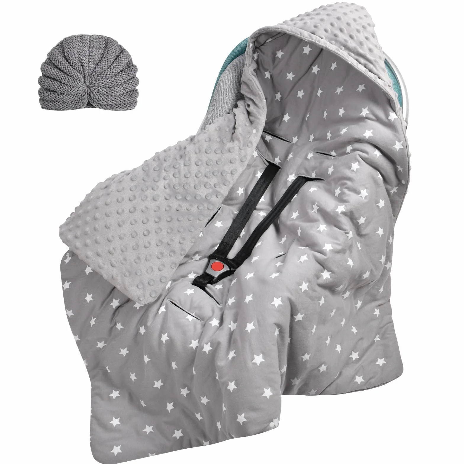 Aolso Baby Coperta trapuntata, 2pcs 100% Cotone Bifacciale Multifunzionale Coperta per seggiolino, con Cappuccio per Passeggini Marsupio, Copri marsupio(stile a cinque punti)