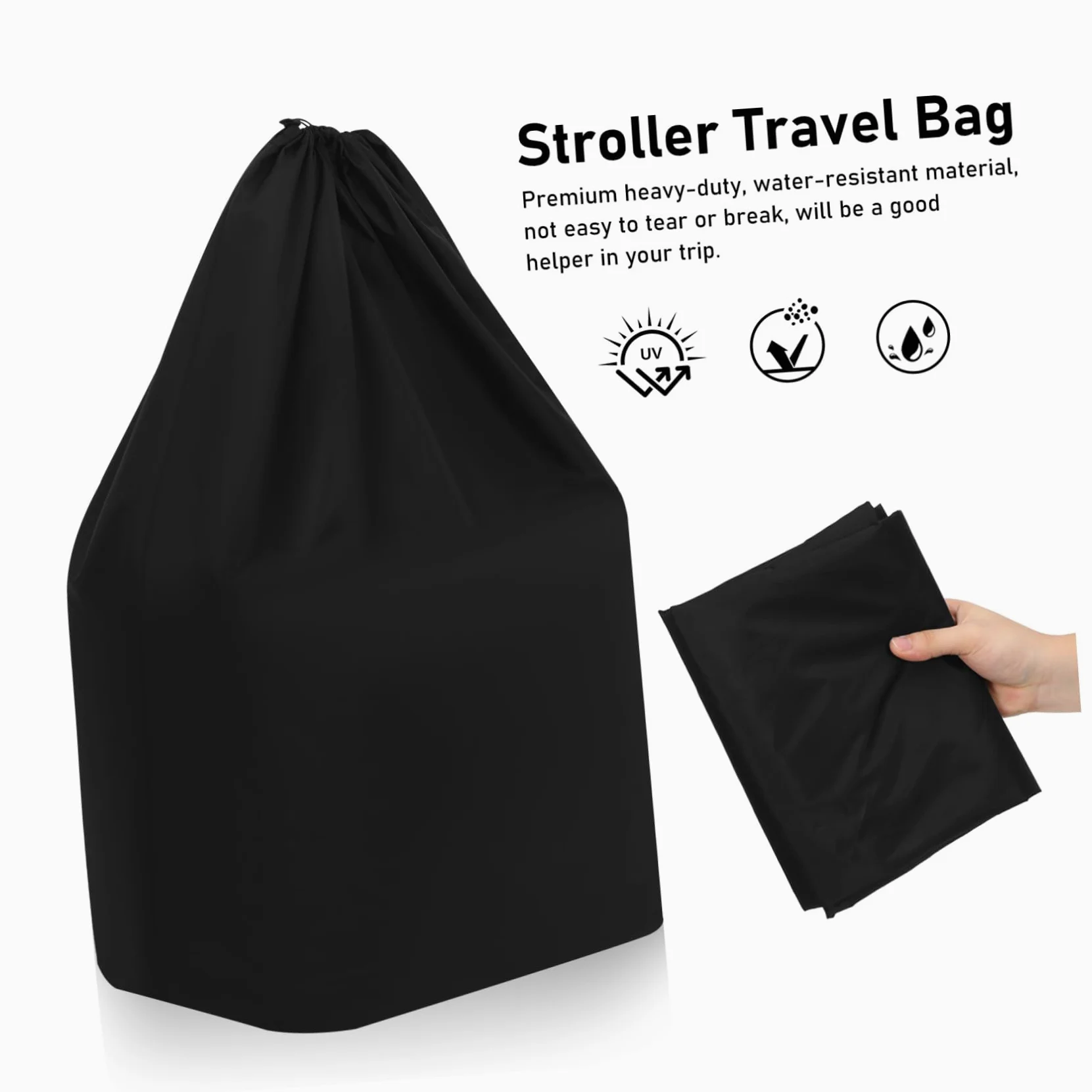 Borsa per Passeggino da Viaggio in Nylon Nero, per Aereo | Due Spallacci Cuciture Rinforzate Chiusura Coulisse Bloccabile per Uso in Viaggio