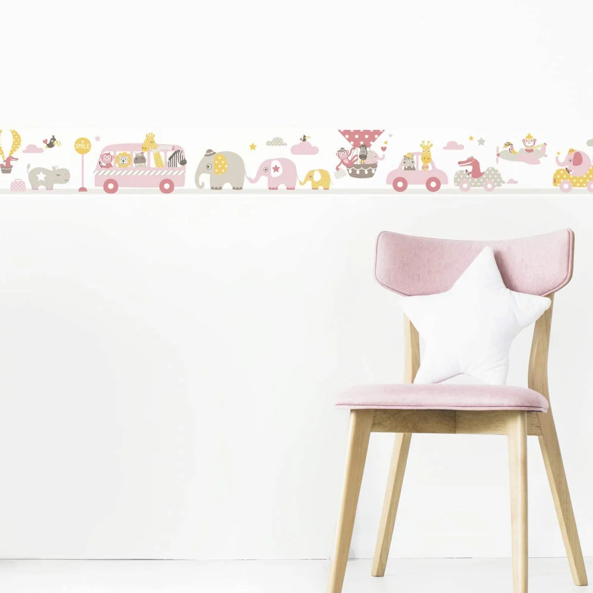 bordo autoadesivo, 450 x 11,5 cm, con motivo di escursione degli animali, rosa/beige/giallo