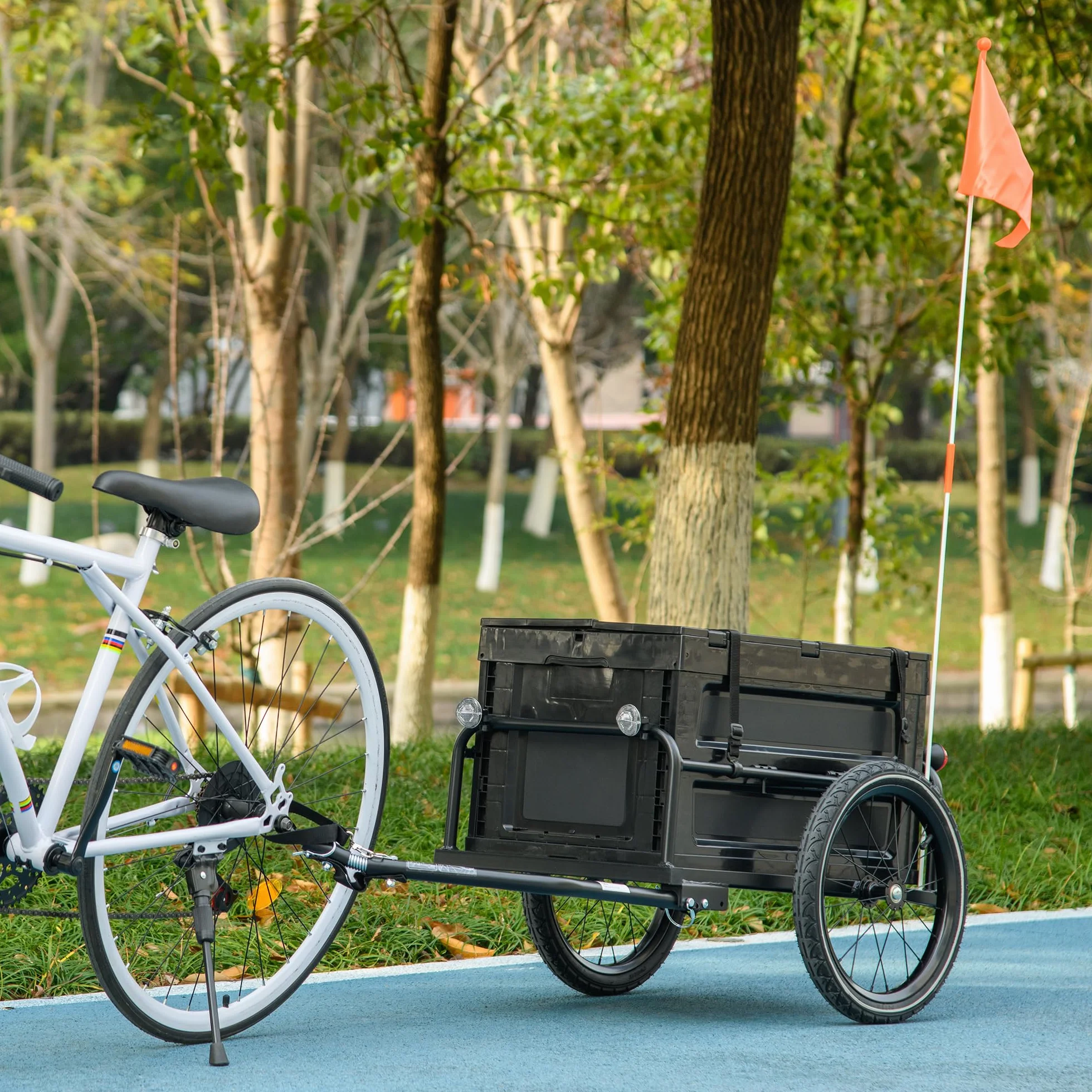 HOMCOM Rimorchio per biciclette, carrello portabici, carro per biciclette con cassetta pieghevole da 65L, grandi pneumatici e catarifrangenti sicuri, carico massimo 40KG, nero
