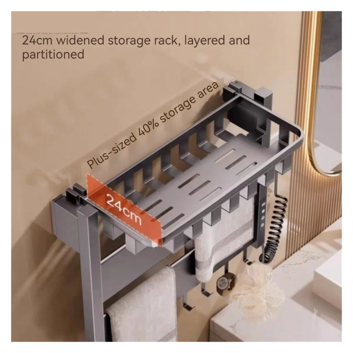 Portasciugamani Elettrico A Temperatura Controllata for La Casa, Riscaldamento, Stendibiancheria, Hotel, Portasciugamani Non Perforato, Accessori for Il Bagno Sicuro Efficace(Left,Gray-Shelf)