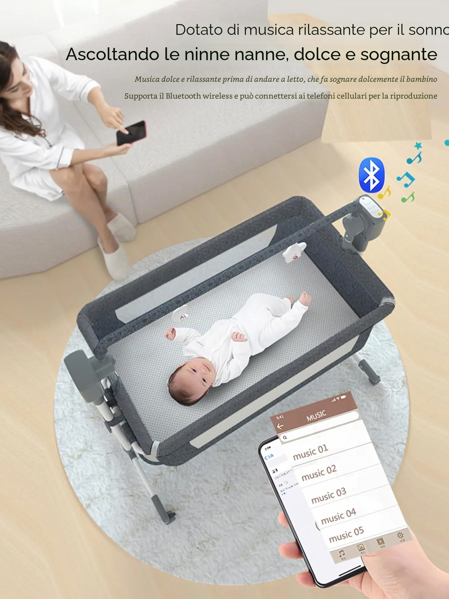 Magic ZC Elettrico Bluetooth Intelligente Culla Neonato Next to me, Convertibile Culla Co-sleeping, Telecomando e 5 Ingranaggi Oscillanti, Pieghevole Neonato Fianco Letto con Musica (601 Beige)