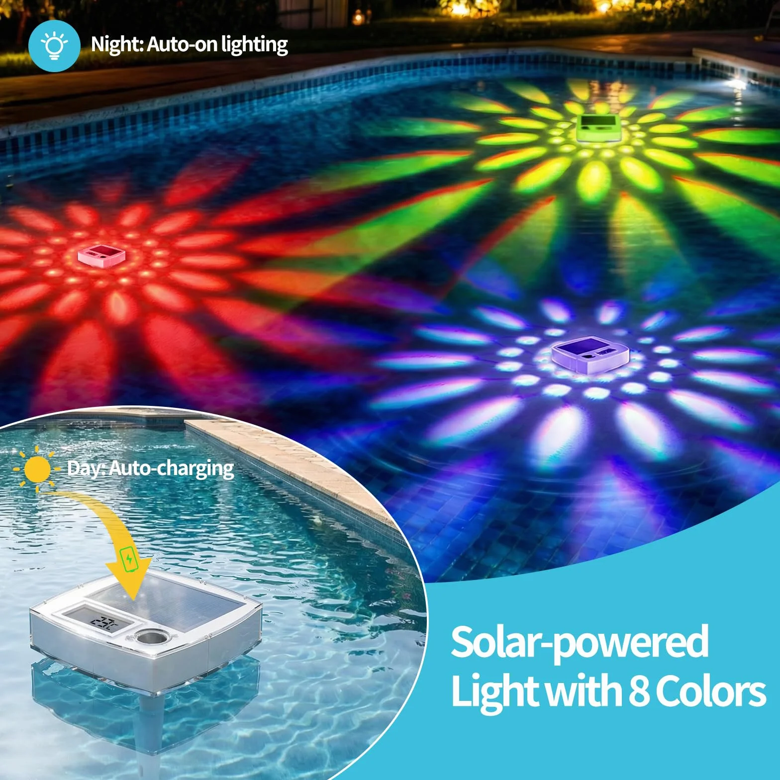 Termometro per Piscina Solare senza Batterie – Galleggiante Digitale con Grande LCD e Luci LED RGB, Impermeabile IP68, Misuratore di Temperatura per Jacuzzi, Spa e Piscina