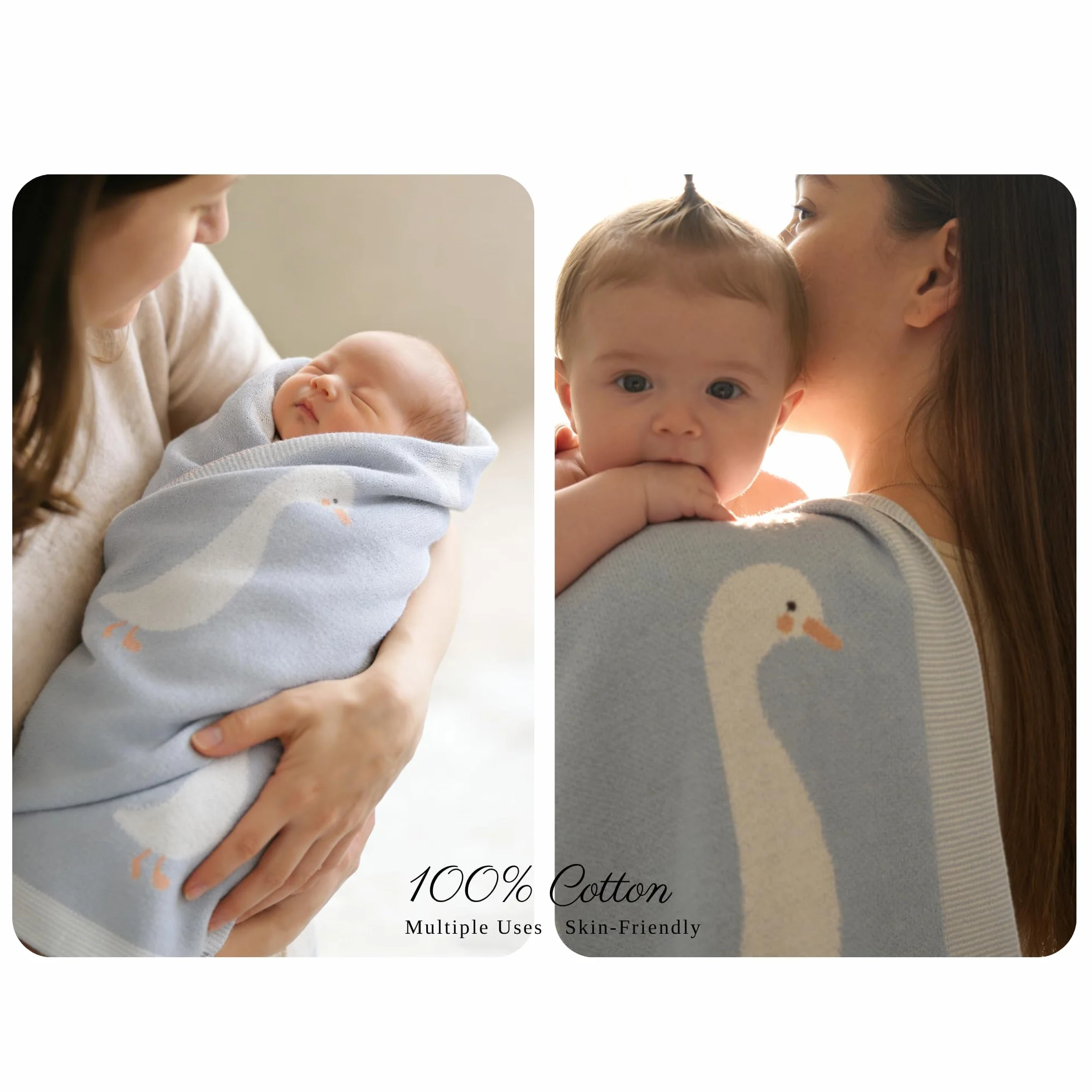 Coperta per neonati in 100% cotone, morbida coperta a maglia per lettino per bambino/ragazza, carrozzina, blu, 100 x 80 cm