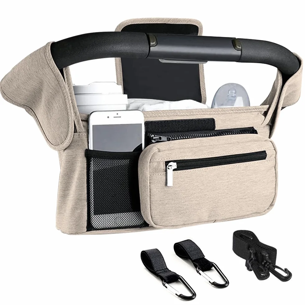 Borsa universale per passeggino, borsa per passeggino con 2 portabicchieri isolati, grande capacità, organizer con tracolla e ganci di sicurezza antiscivolo (beige)