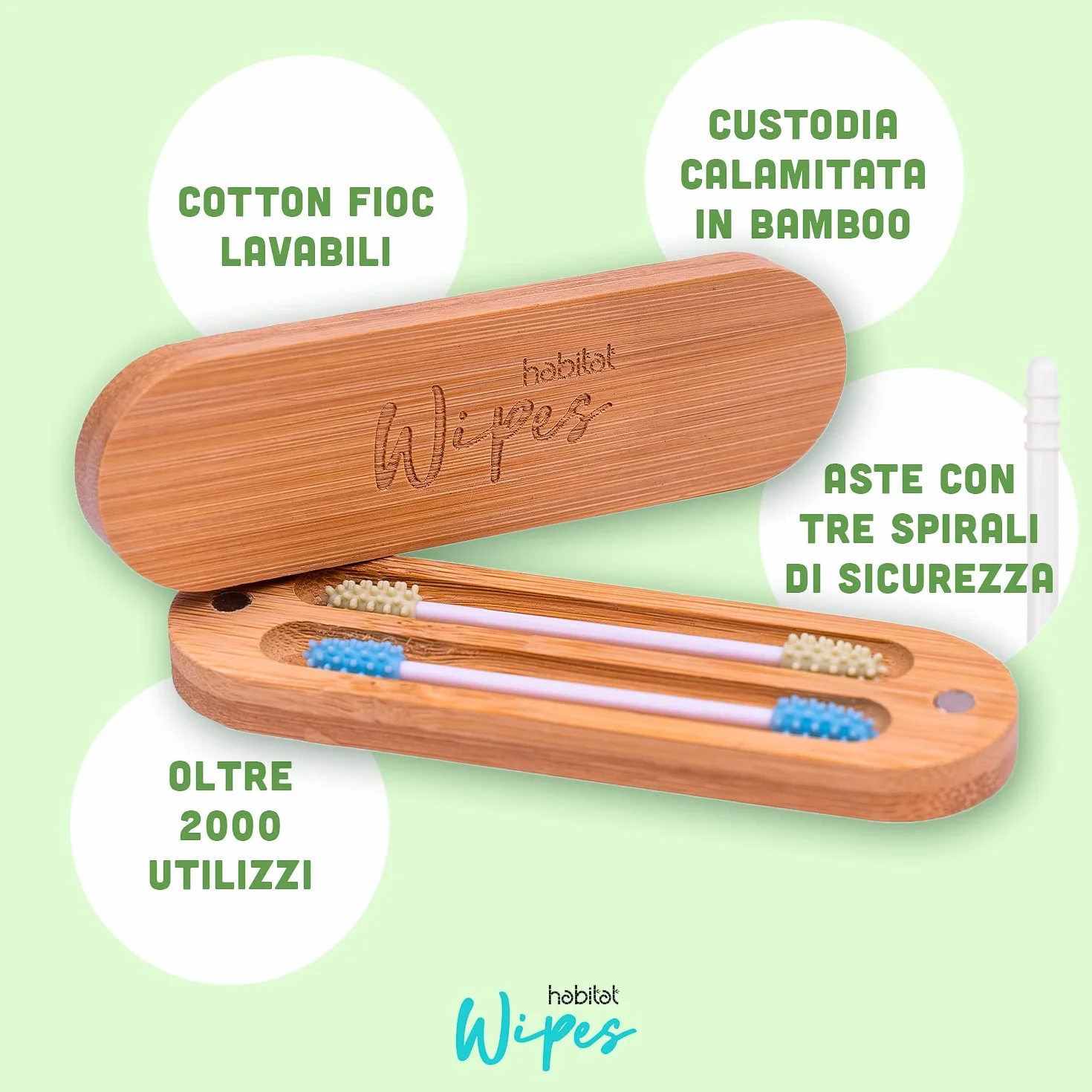 Habitat Wipes - Cotton Fioc Riutilizzabili per orecchie in Scatola di bambu - Materiale Ecologico in Silicone Reusable Biodegradabili Lavabili Eco-Friendly - Verde e Blu