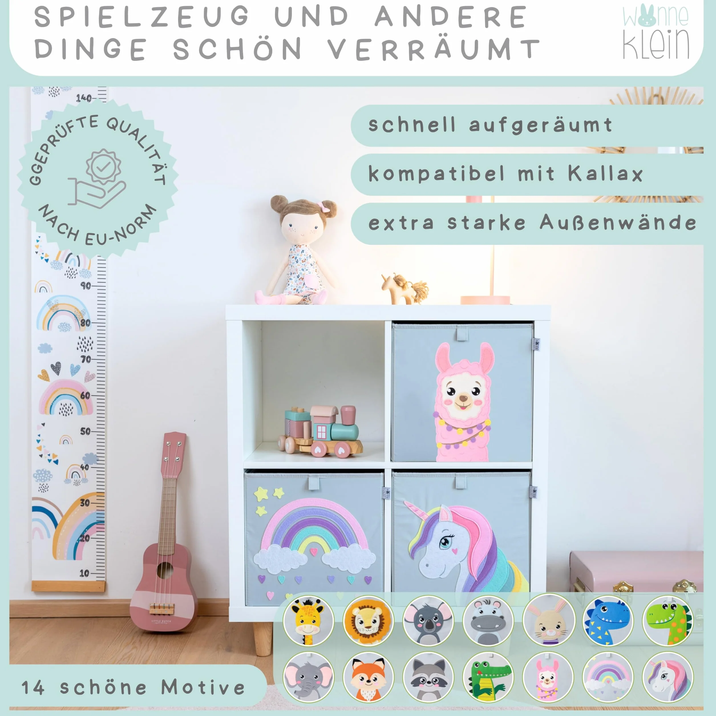 Scatola portaoggetti per bambini – 33 x 33 x 33 cm – Scatola pieghevole con motivo animali – Scatola per riporre gli scaffali Kallax – Set da 3 pezzi di alpaca, unicorno, arcobaleno