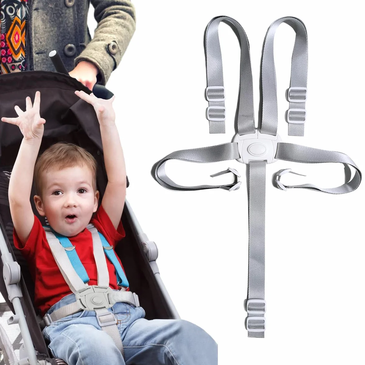 Cintura di Sicurezza, Imbracatura per Seggiolone, Cinture Universali per Seggiolone, 5 Punti Regolabile Cintura per Passeggino, per Seggiolone/Passeggino Attacco per Passeggino