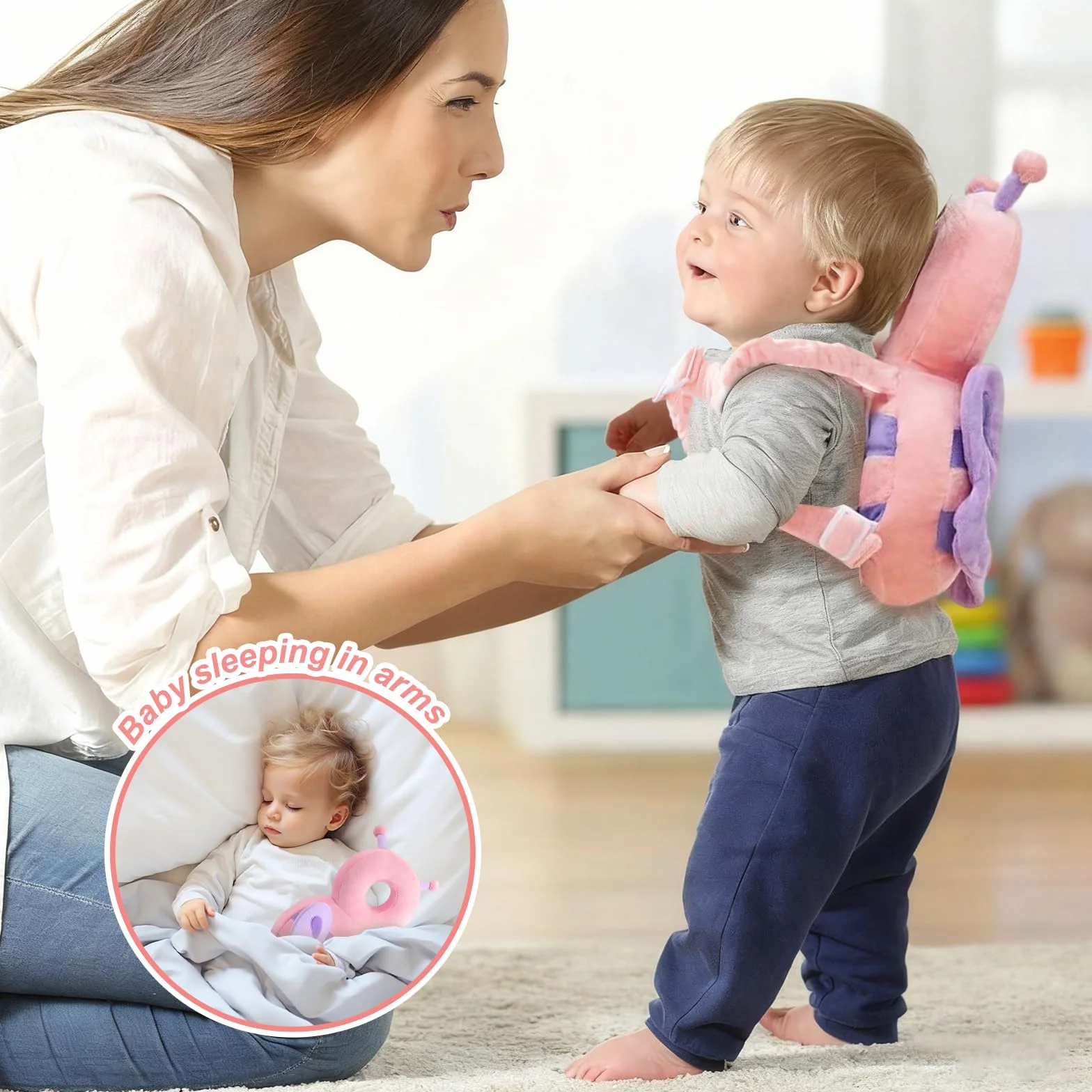 Zaino protettivo per la testa del bambino, cuscinetti di sicurezza regolabili per imparare a camminare, zaino per protezione della testa per bambini da 4 a 24 mesi che gattonano, farfalla in peluche