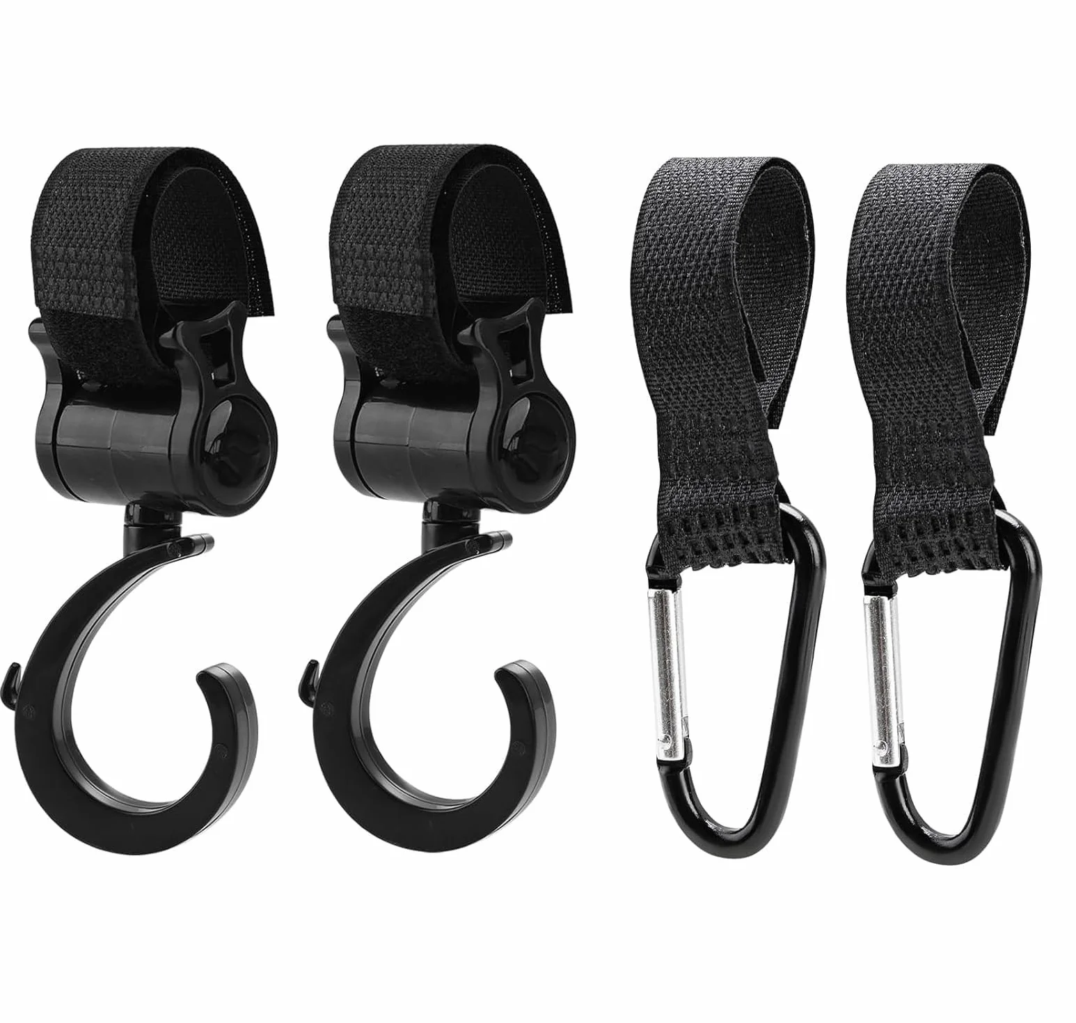 Ganci Passeggino Universali, 4 Pezzi Ganci per Passeggino Rotanti Nero, Ganci per passeggino porta borse,Adatti per Passeggini, Carrelli e Trolley, Facili da Installare e Resistenti