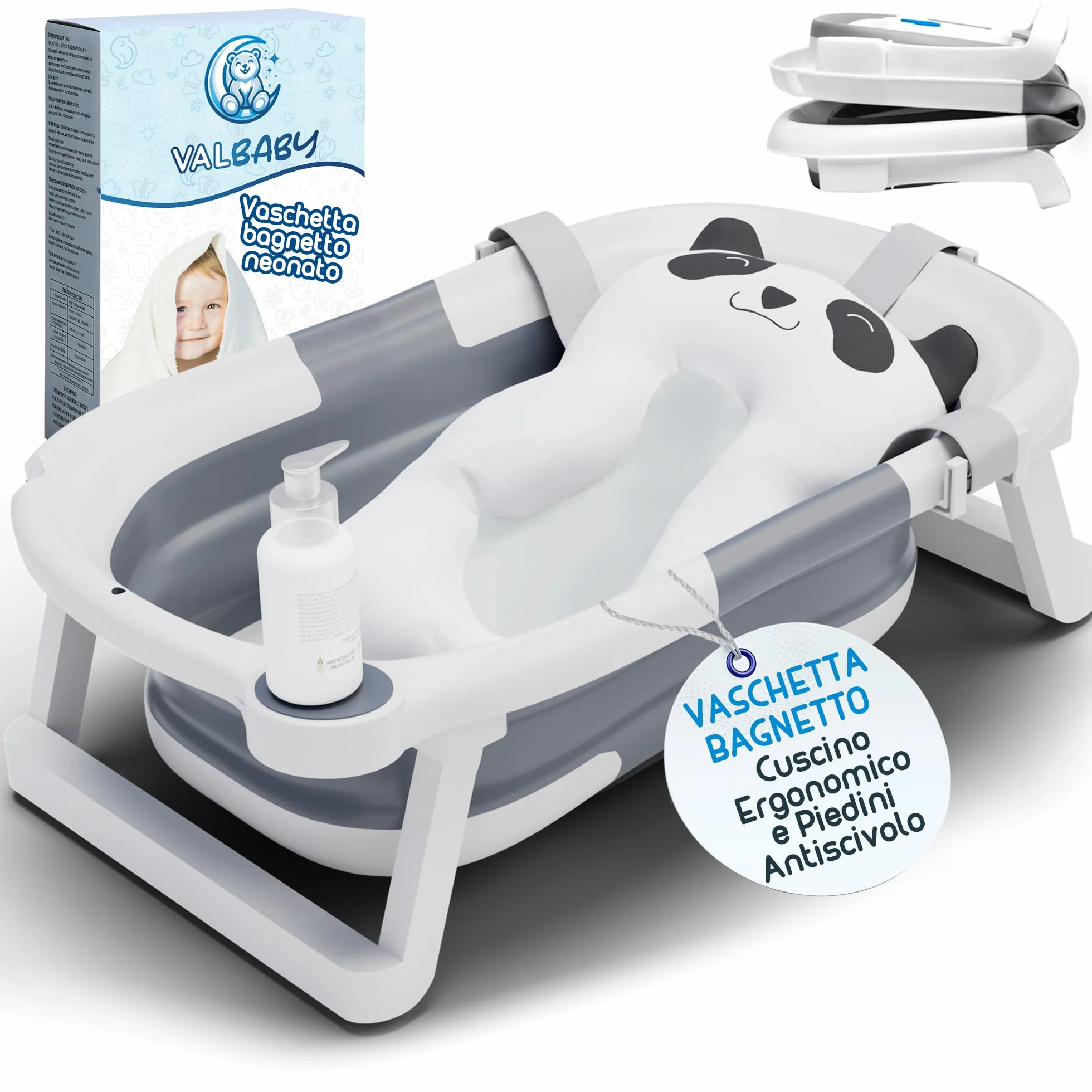 Vaschetta Bagnetto Neonato Pieghevole 0-3 Anni con Cuscino Antiscivolo Ergonomico - Vasca da Bagno Neonati Portatile e Compatta Facile da Pulire Bambini 0-3 Anni - Baby Bath Tub Sicuro | VALBABY