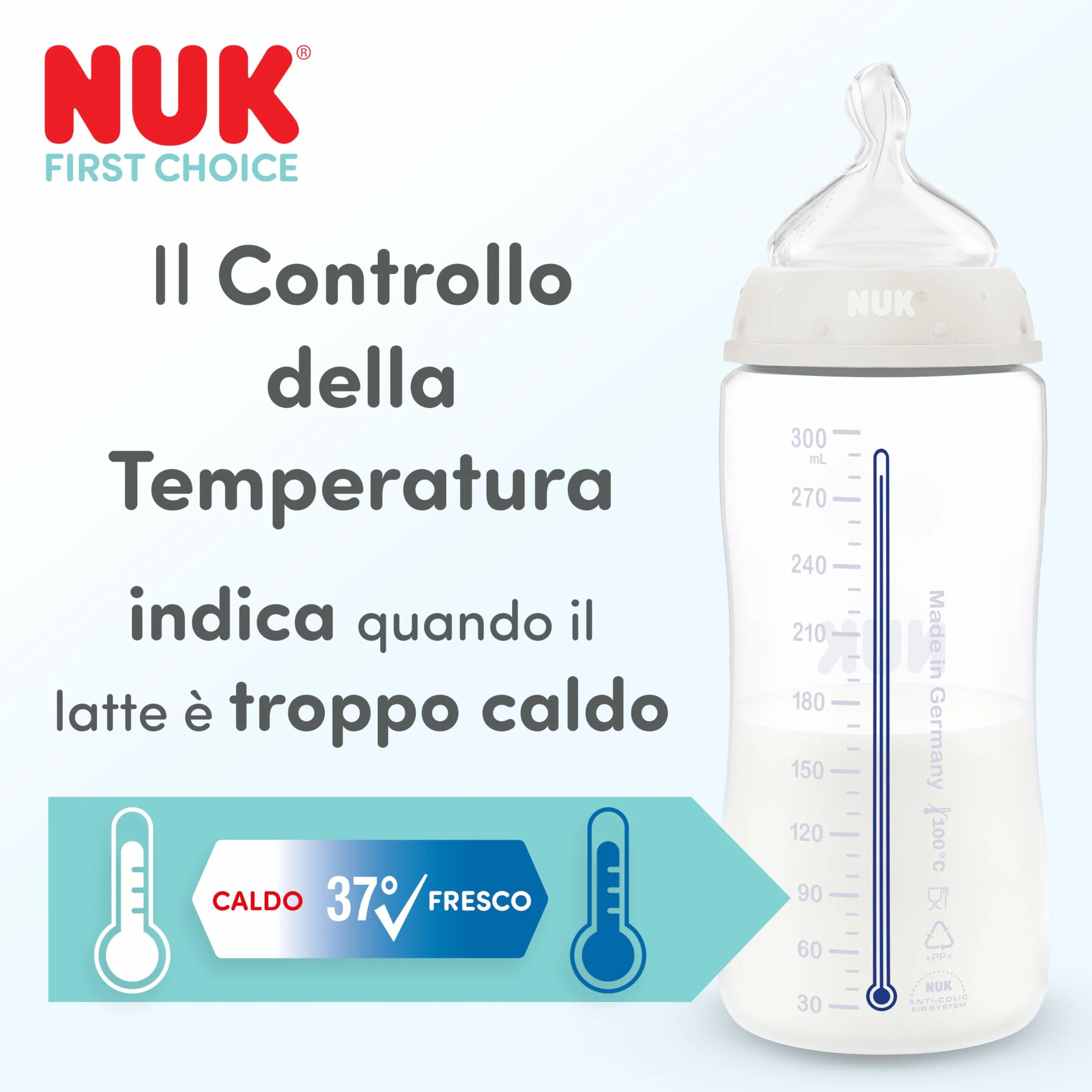 NUK First Choice Biberon | 3+ mesi | 240 ml | Biberon anti-colica | Vetro | Indicatore di controllo della temperatura | Cavalluccio marino | Confezione da 1