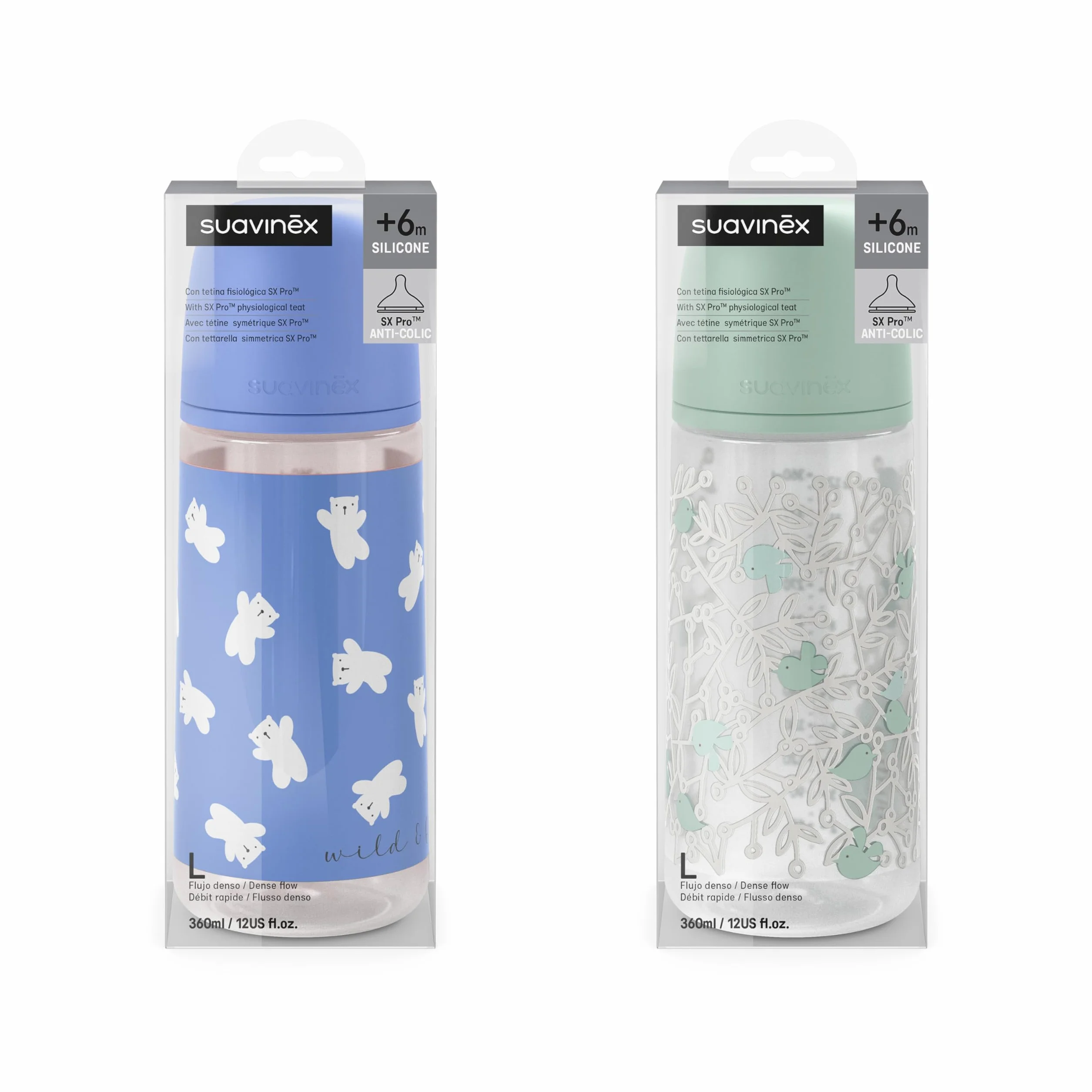 Suavinex, Confezione da 2 Biberon da 360 ml, Tettarella Fisiologica SX Pro in Silicone con Valvola Anticolica, a Flusso Denso (L), Adatto per Pappe Liquide. ​​Neonati +6 Mesi. Birdies e Wild&Free, Blu