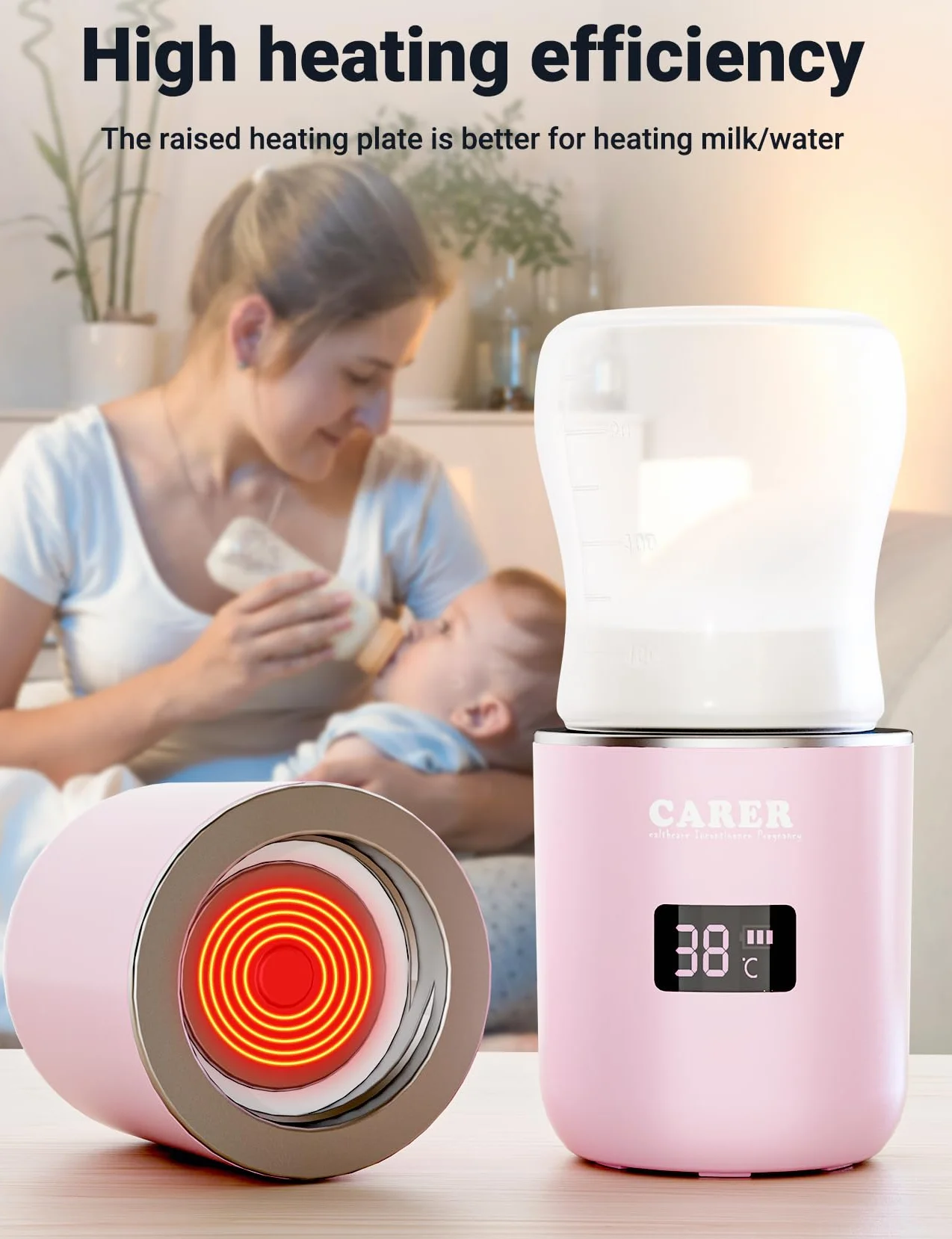 CARER BEAUTY Scaldabiberon Portatile per Bambini con Display LCD Ricarica USB Temperatura Costante Riscaldamento Rapido di Latte e Acqua Compatibile con Diversi Biberon Ideale per Viaggi