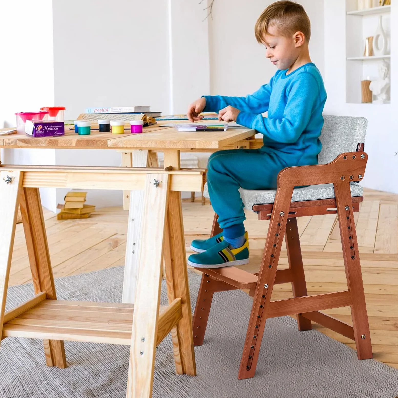 Ezebaby Seggiolone, sedia per bambini, in legno di faggio, regolabile in altezza, stabile e sicura, fino a 90 kg, per bambini e adulti