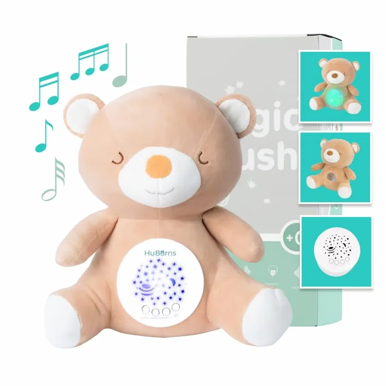 HuBorns - Peluche Musicale per Neonati con Rumori Bianchi, Proiettore Bambini con Luce Notturna per la Nanna, Modalità Rumore Bianco e 15 Canzoni Carillon, Ideale Regalo Neonato (Orso)