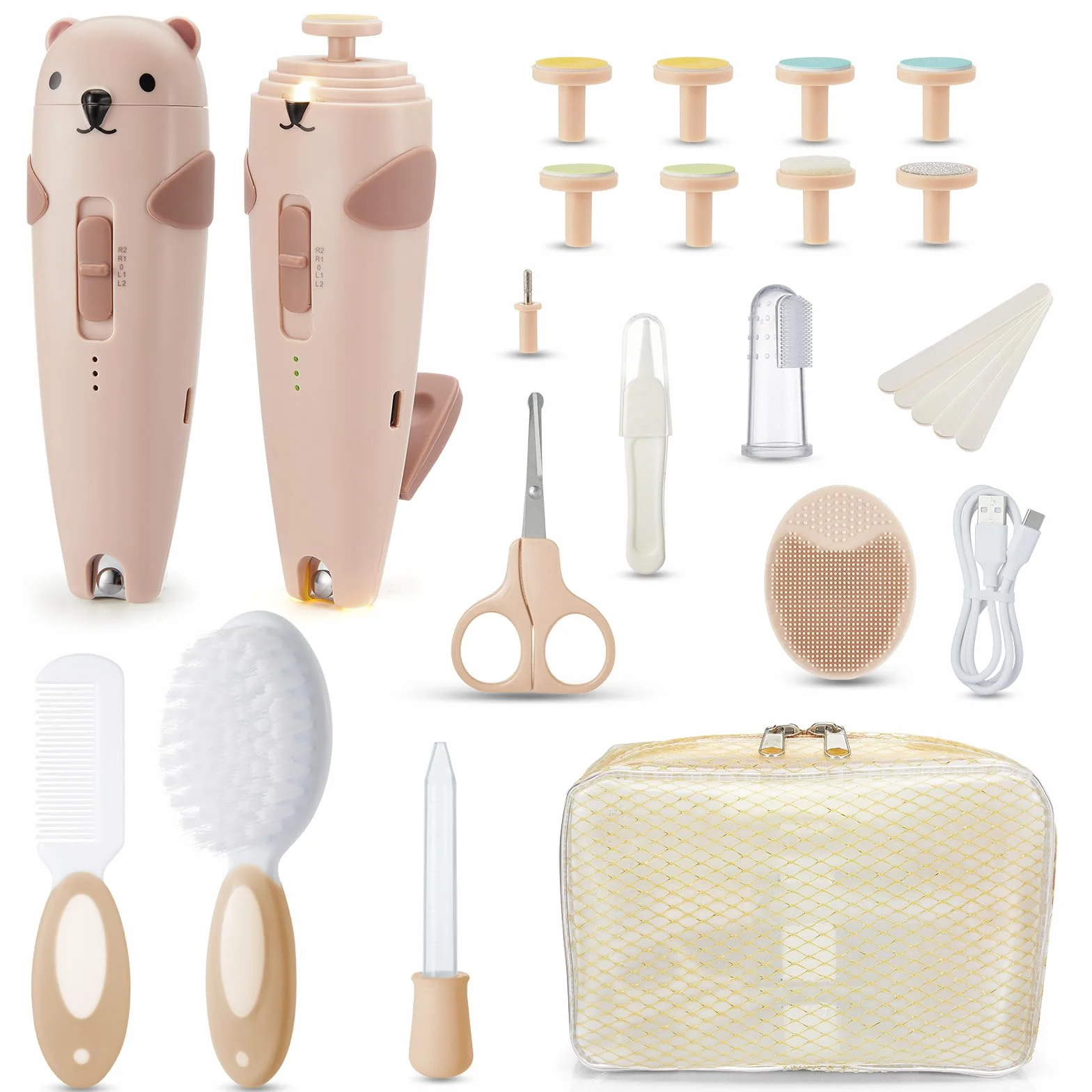 Lilian&Gema Kit Neonato 28 in 1,Lima Elettrica per Unghie Neonato, Lima Unghie Neonato Silenziosa,Tagliaunghie Neonato con Luce,6 Teste di Macinazione,Ricarica di Type-C, Kit Completo Cura Bambino