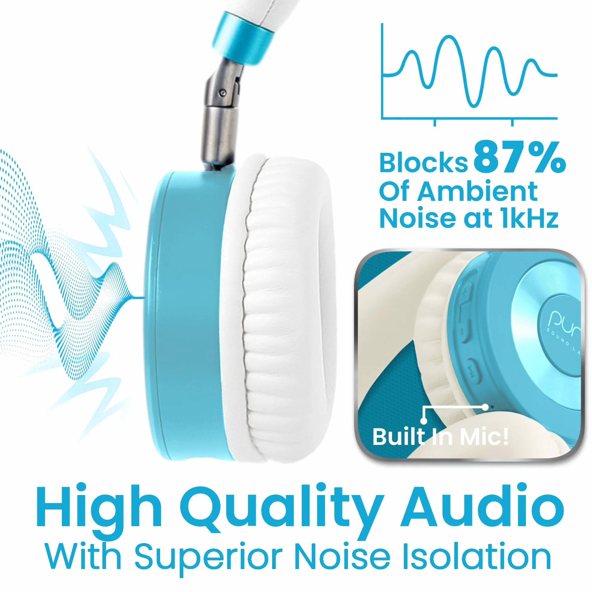 Puro Sound Labs JuniorJam Plus - Auricolari con limitazione di volume per bambini, limite di 85 dB, cuffie Bluetooth regolabili per tablet, smartphone, computer, 22 ore di autonomia