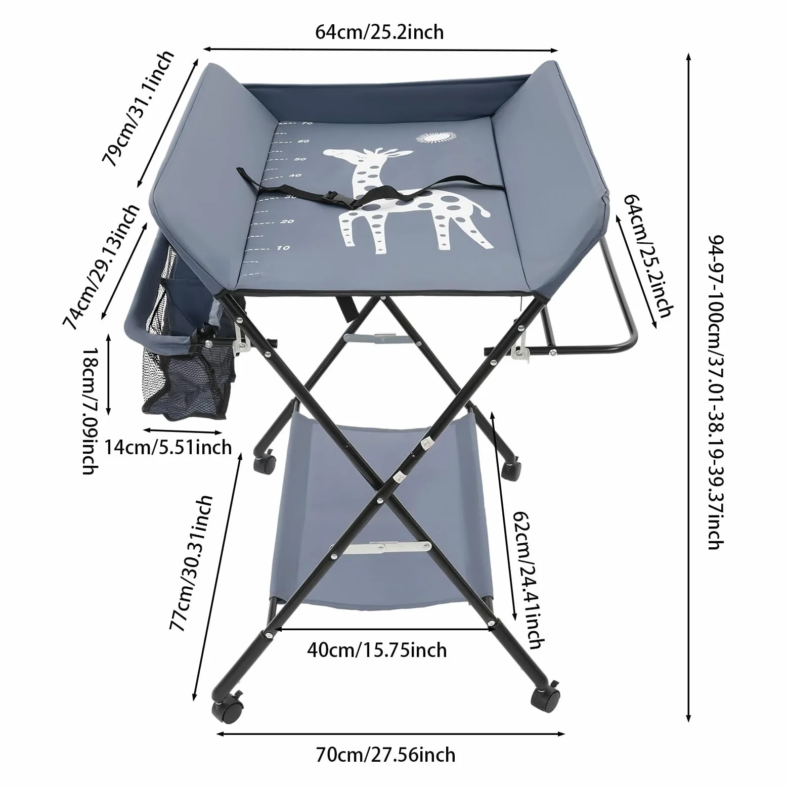 Fasciatoio regolabile in altezza, pieghevole con spazio di archiviazione, fasciatoio portatile, Oxford traspirante, cintura di sicurezza, 80 x 63 x 96 cm, grigio, 25 kg, piccolo bagno, viaggio, 12 cm