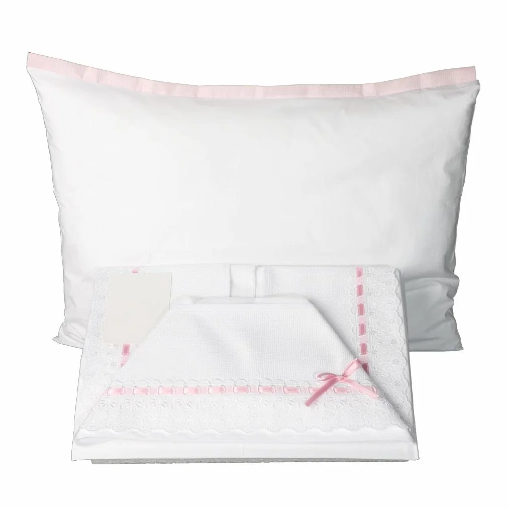 Ruoccohome Lenzuolino Culla Lettino Neonato Set 3Pz. da Ricamare tela Aida Regalo Bimbi Coordinato Completo 100% Puro Cotone Rosa | Made in Italy