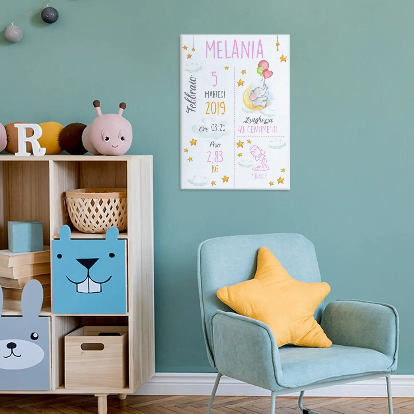 Babloo Quadro in Tela Quadretto Nascita Personalizzato Idea Regalo Bimba Neonata Grafica Elefantino 30X40cm (Rosa)