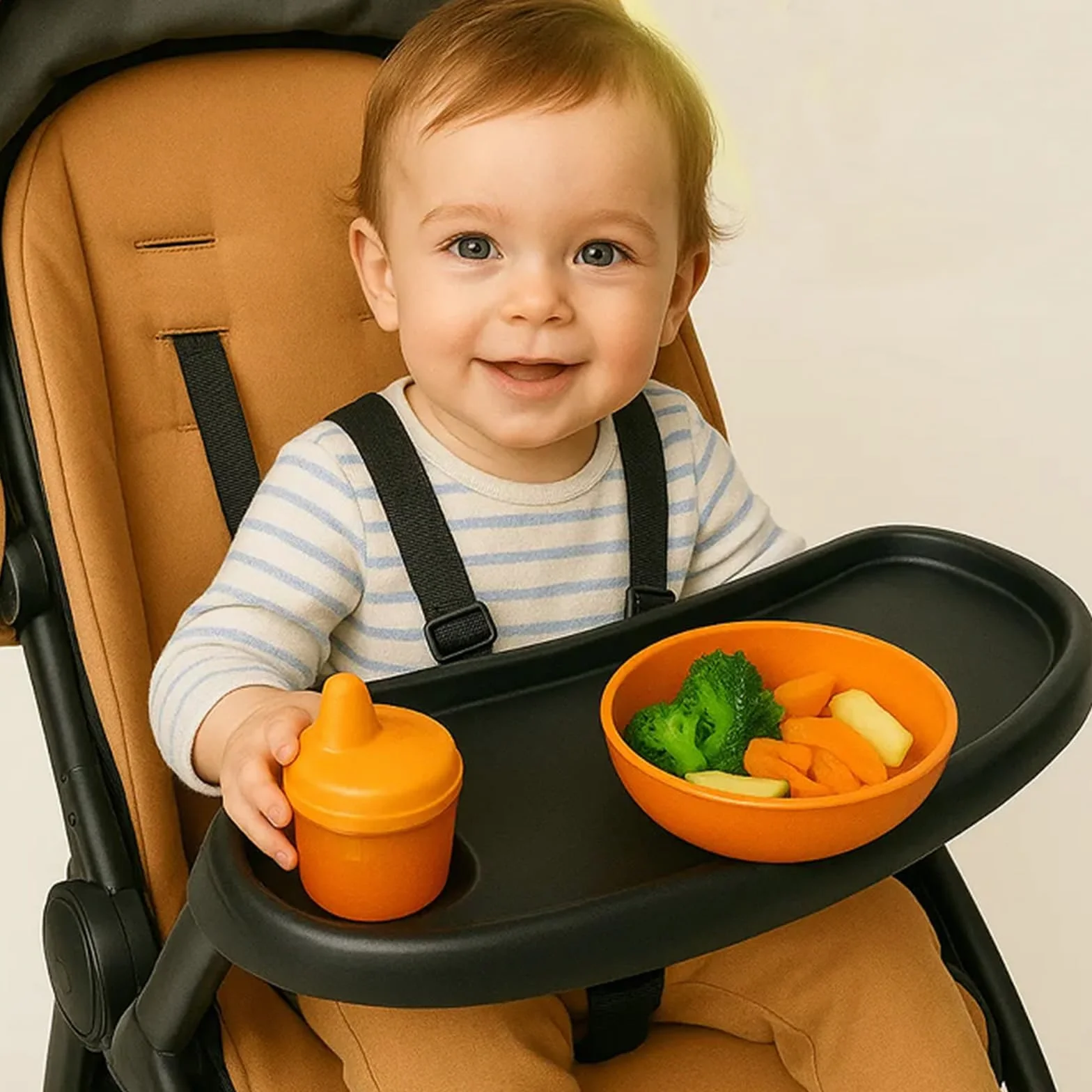 Vassoio per Passeggino Universale, Vassoio per Alimenti per Passeggino, 41x20cm, Rimovibile vassoio per Snack con Portabicchieri, Girevole a 360 Gradi, Regolabile per La Maggior Parte Dei Passeggini