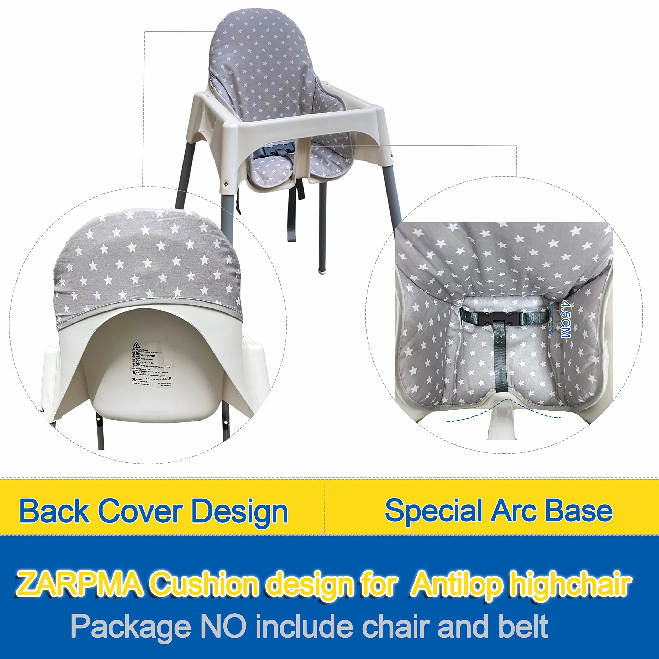 ZARPMA Coprisedili Compatibili con Seggiolone IKEA Antilop, Superficie e Imbottitura in Cotone Pieghevole, per Seggiolone per Bambini (Grigio Stella)