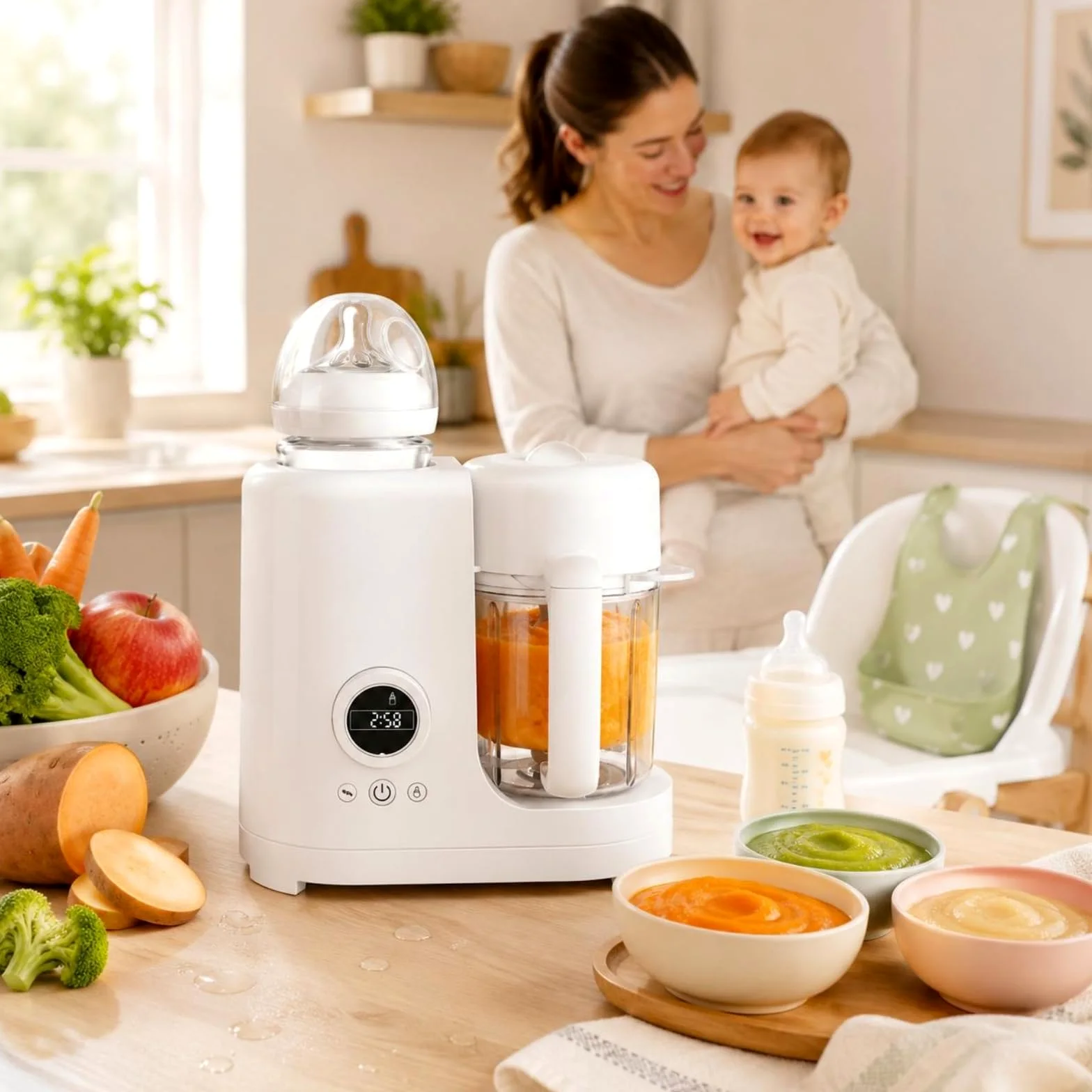 Almencla Infant Vaporiera Cuocipappa Robot Pappe Frullatore Multifunzione con Pannello Frontale Recipiente Visibile in Adatto a Pasti per Cucina Domestica Abitudini di Nutrizione
