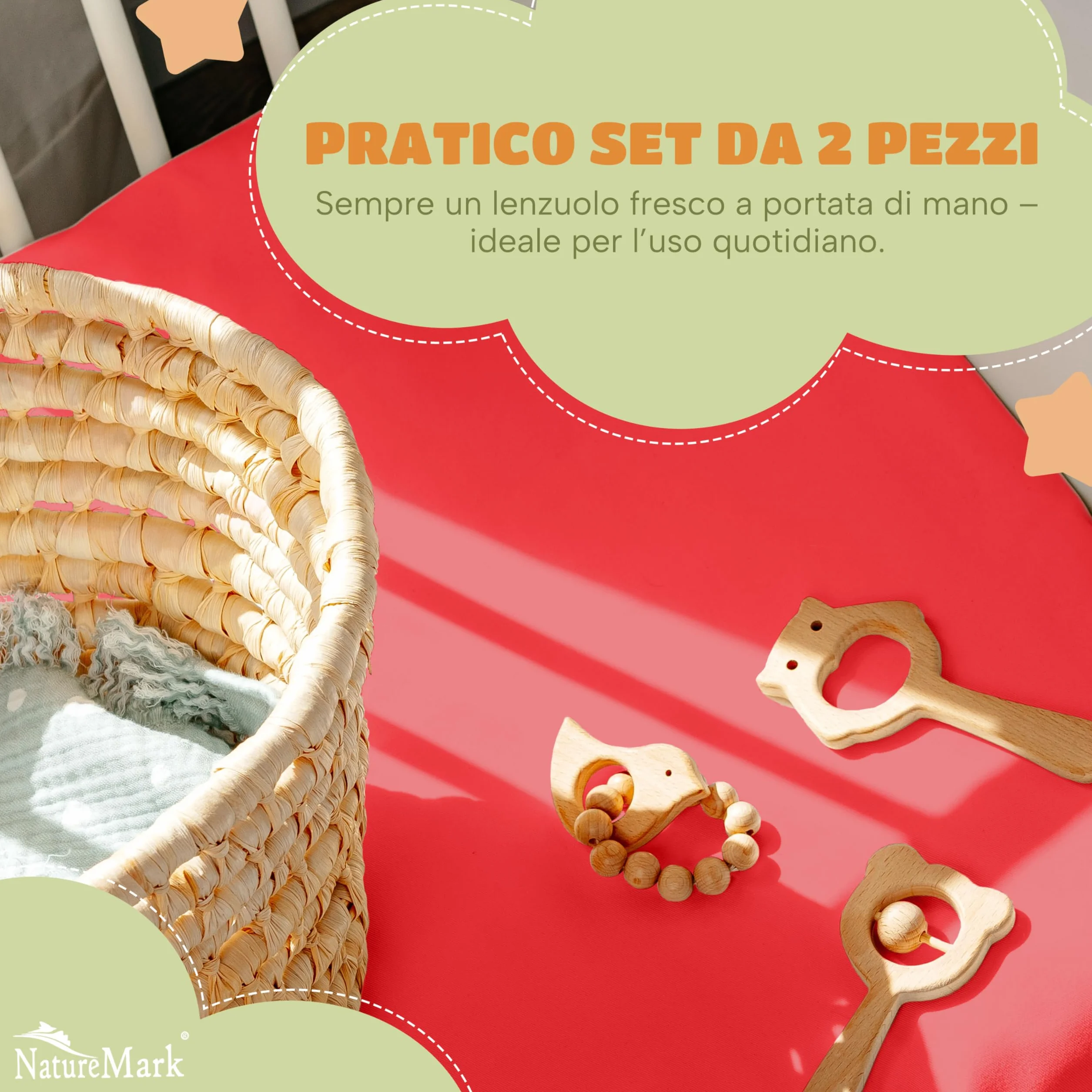 NatureMark Lenzuolo con angoli elasticizzati per bambini, 70 x 140 cm, morbido jersey, 100% cotone, set da 2 per culla e culla, rosso