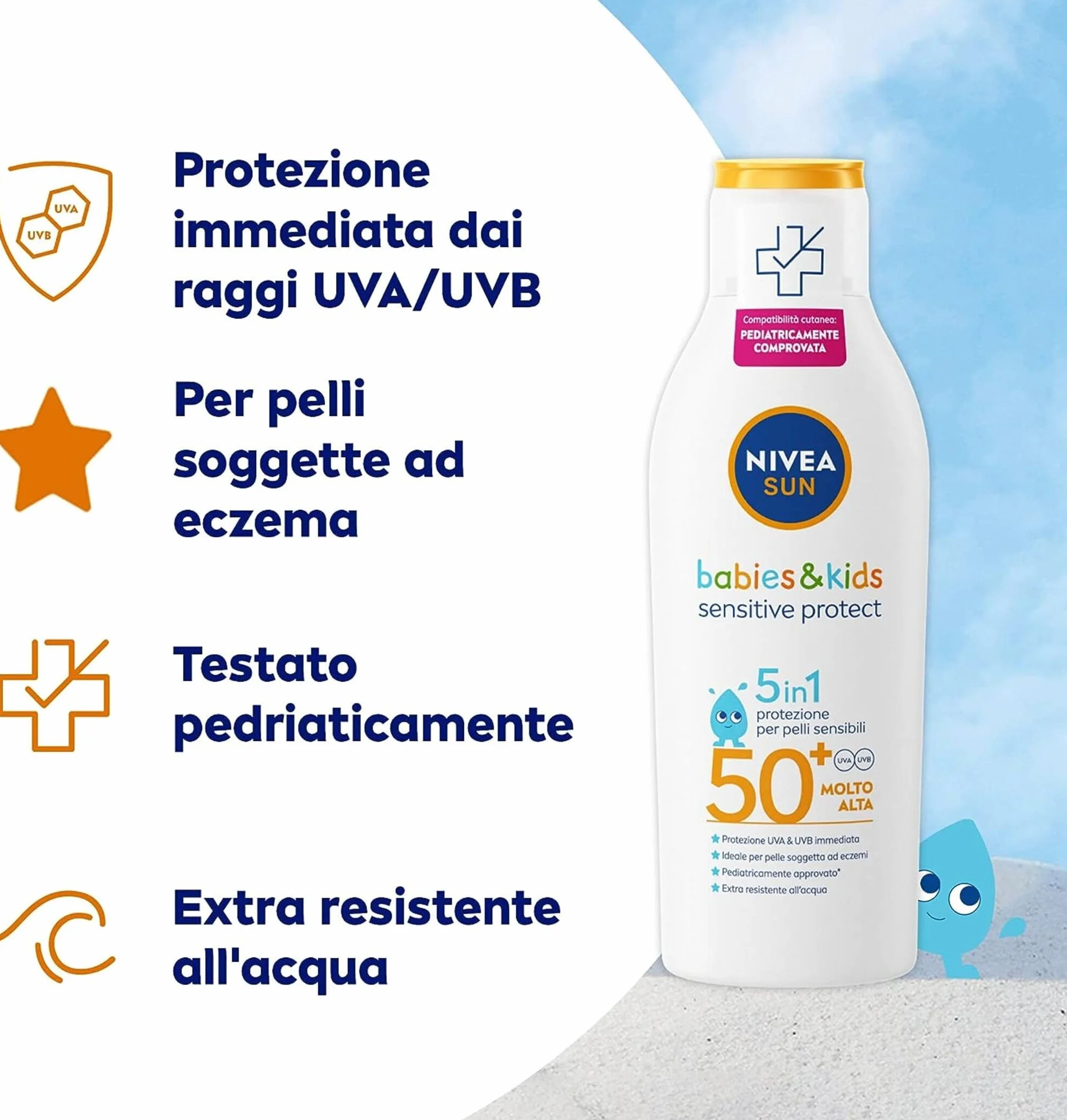 NIVEA SUN Latte Solare Kids Sensitive Protect & Play FP 50+ 200 ml, Crema Solare Bambini e Neonati dai 6 Mesi in su, Crema solare 50+ Resistente all'Acqua
