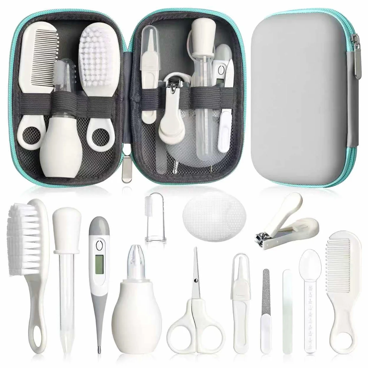 Set di sicurezza per bambini con spazzola per capelli, pettine, tagliaunghie, kit essenziale per neonati e ragazzi (grigio bianco)